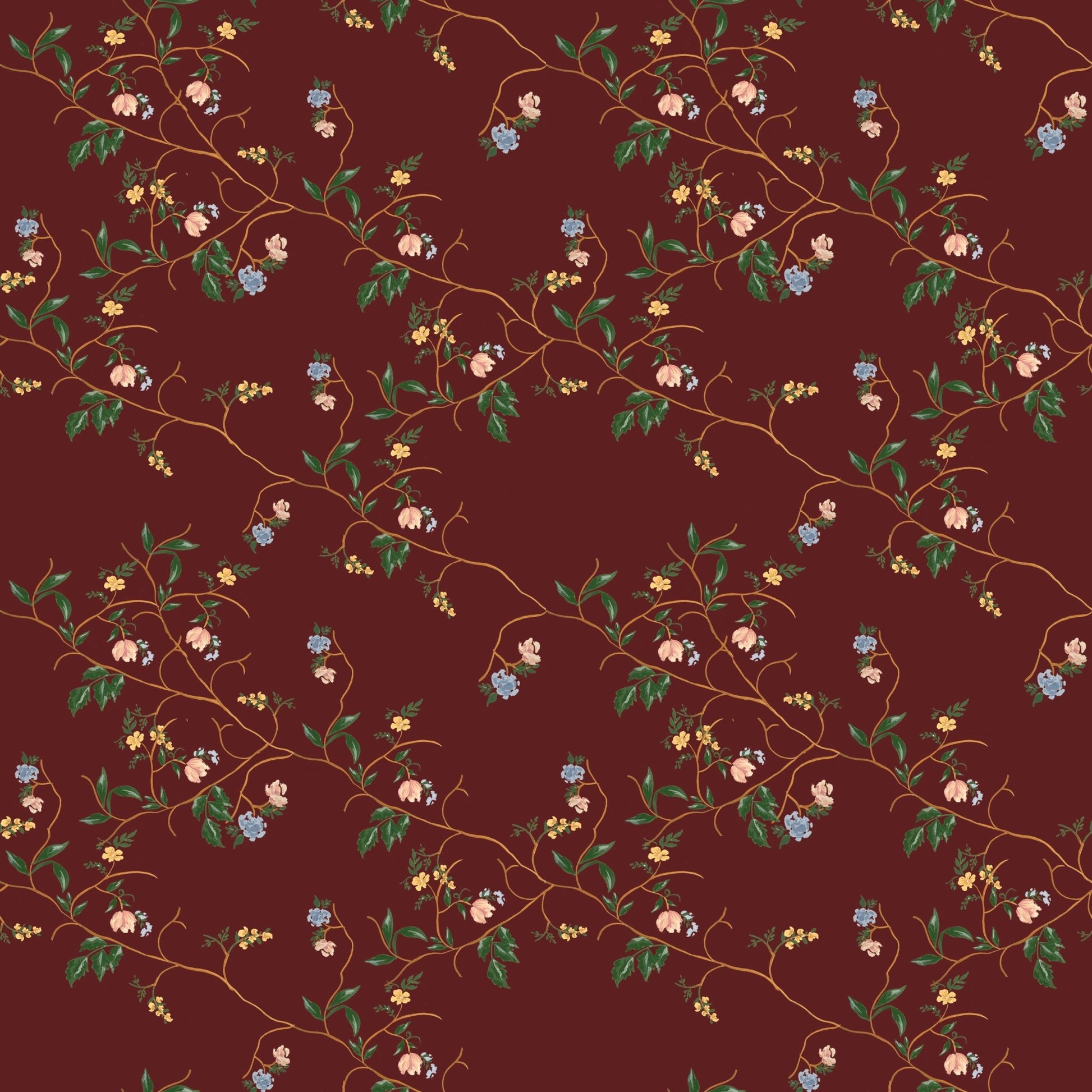 Grove wallpaper by Pen and Pillar featuring pink, blue, and yellow flowers on winding vines over a dark red background.
