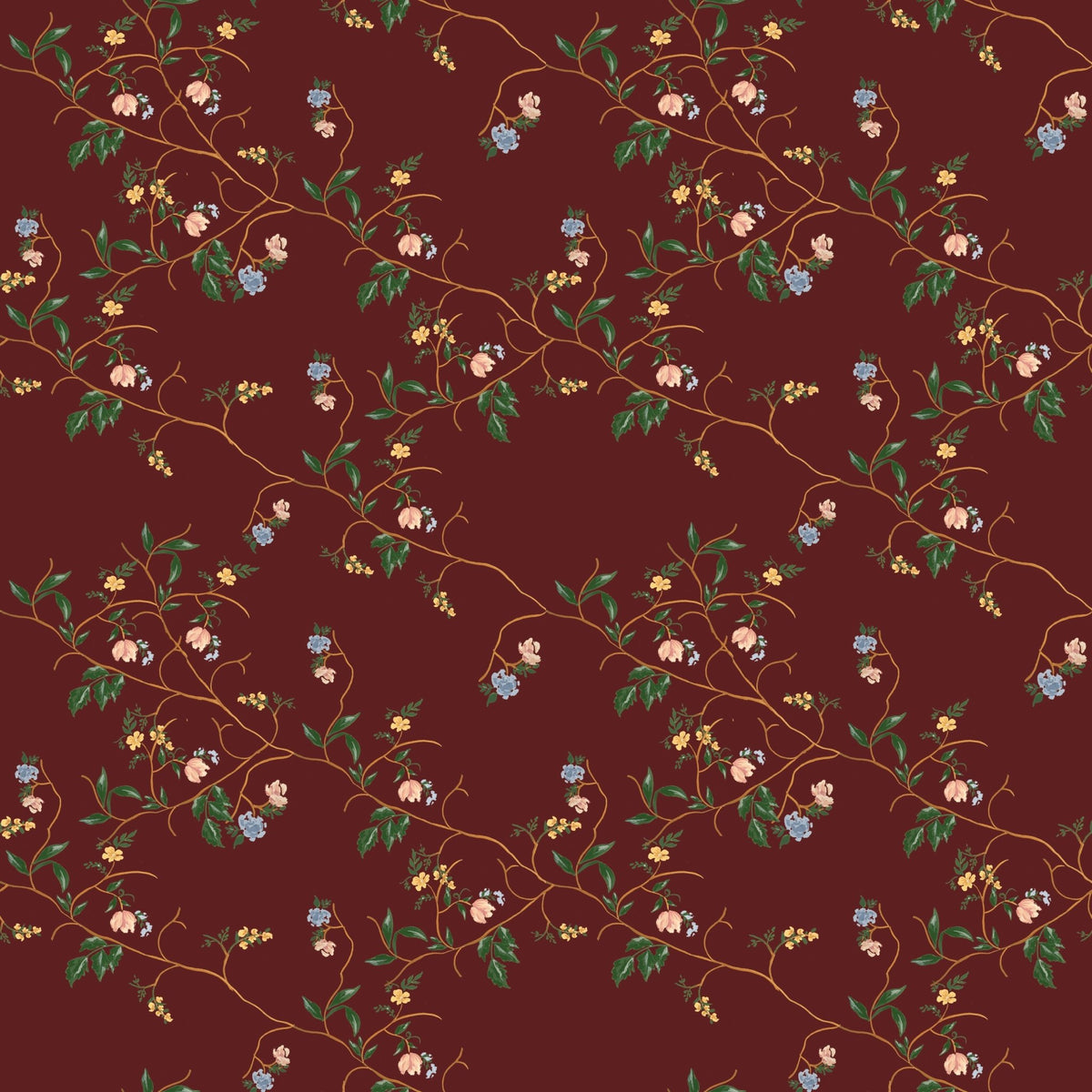 Grove wallpaper by Pen and Pillar featuring pink, blue, and yellow flowers on winding vines over a dark red background.