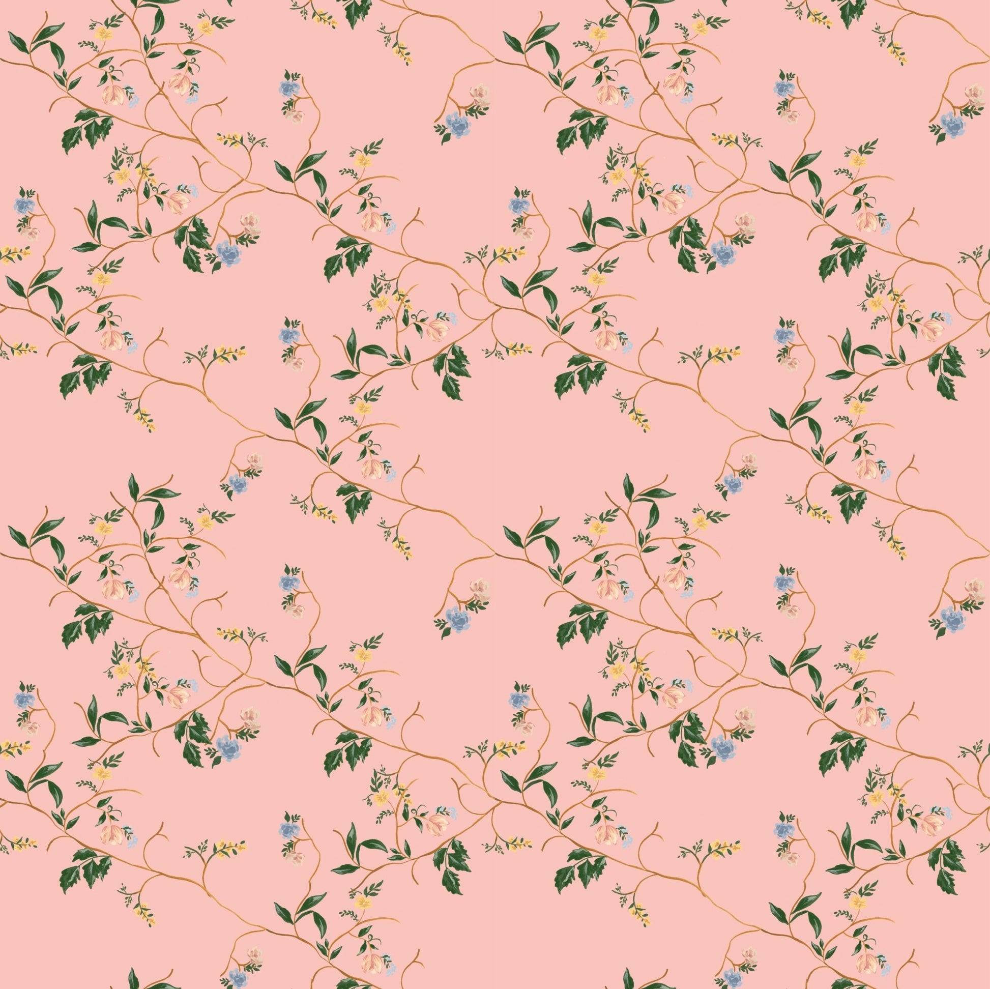 Grove Wallpaper by Pen and Pillar featuring a repeating pattern of thin brown vines and small blue and yellow flowers on p...