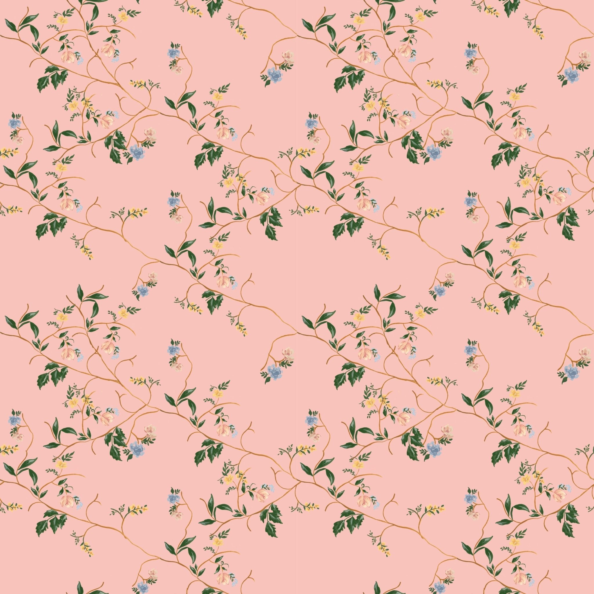 Grove Wallpaper by Pen and Pillar featuring a repeating pattern of thin brown vines and small blue and yellow flowers on p...