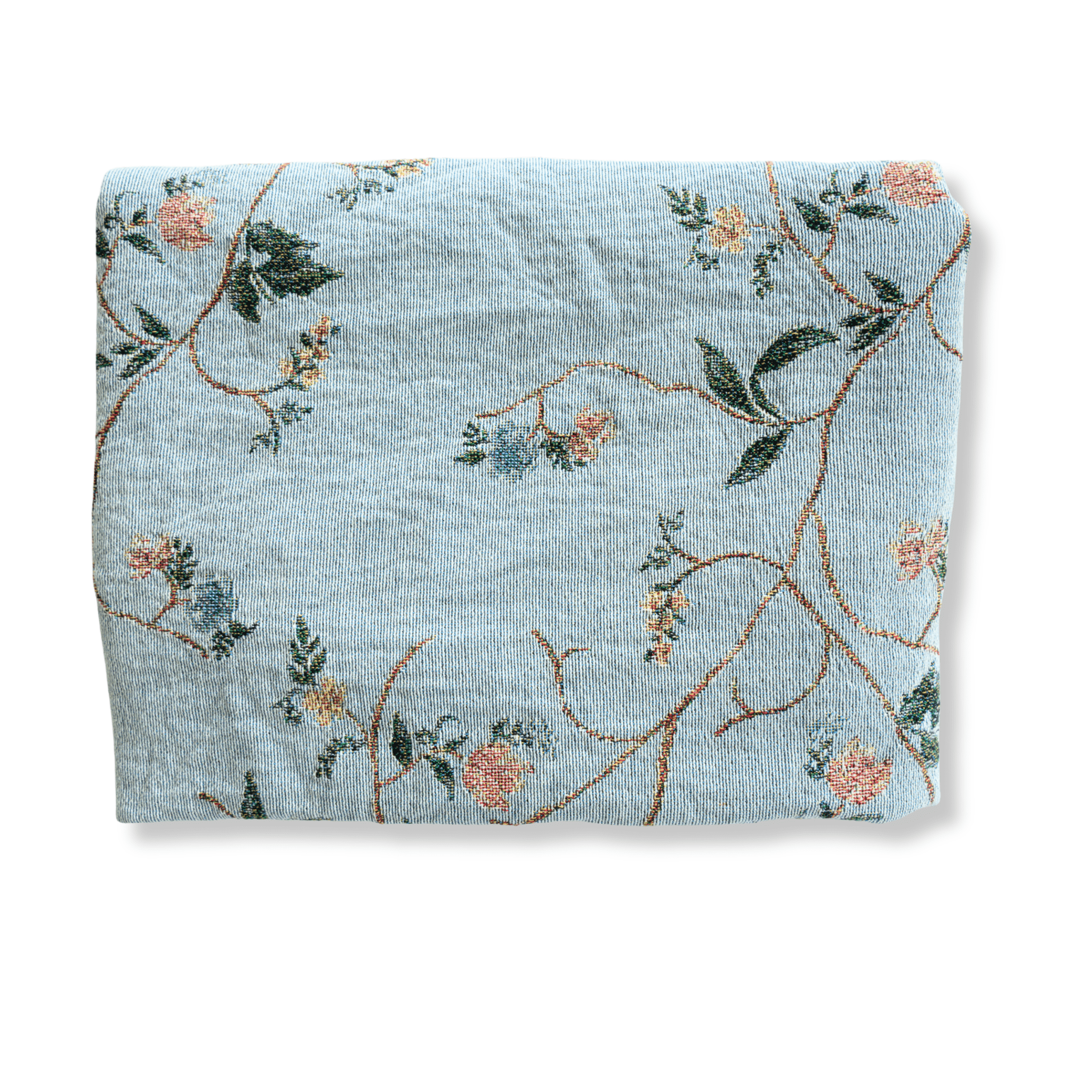Grove woven blanket in light blue with floral patterns in pink and green, neatly folded.