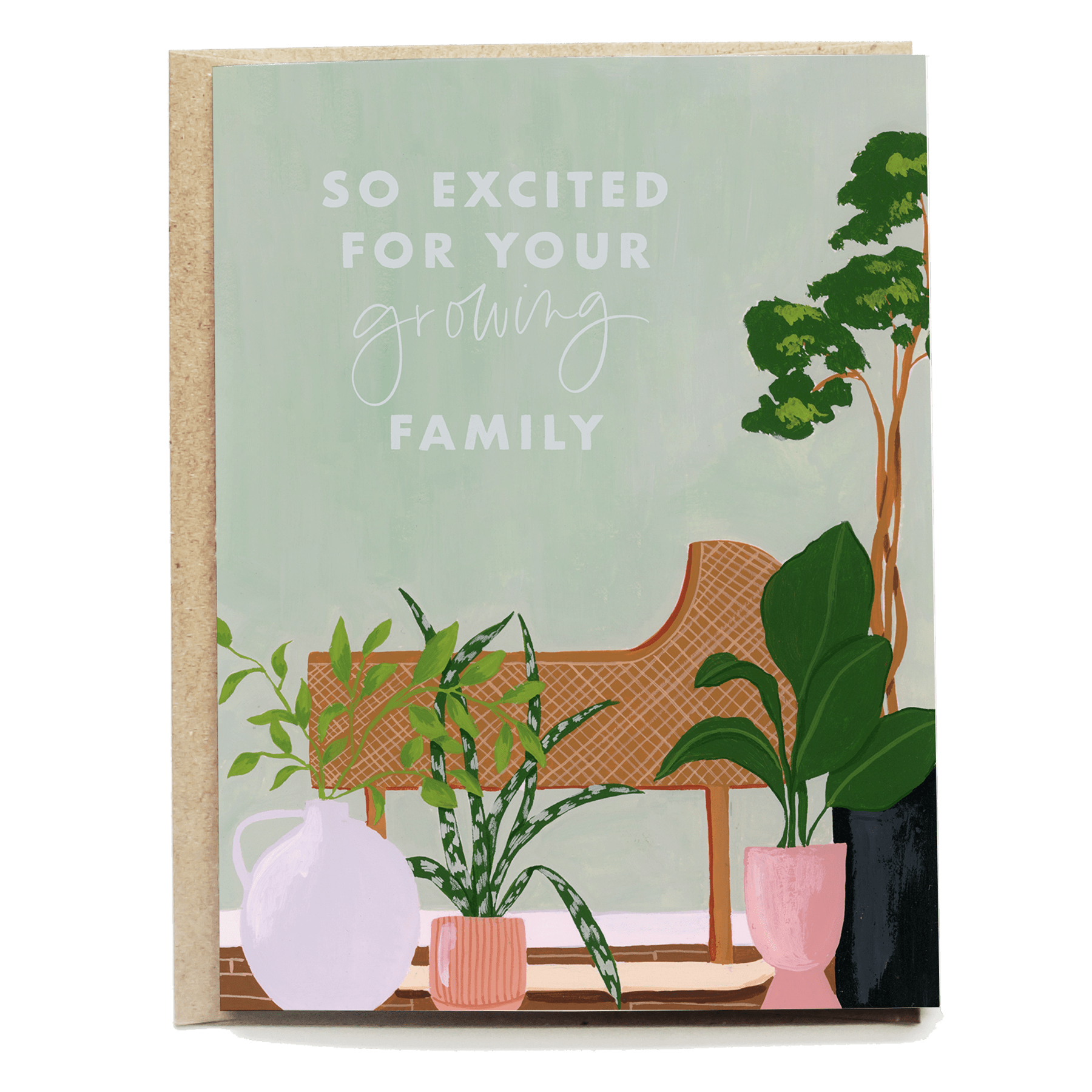 So excited for your growing family card featuring plants and a rattan chair on a green background.