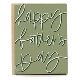 Happy Father's Day card with green background and white cursive lettering.