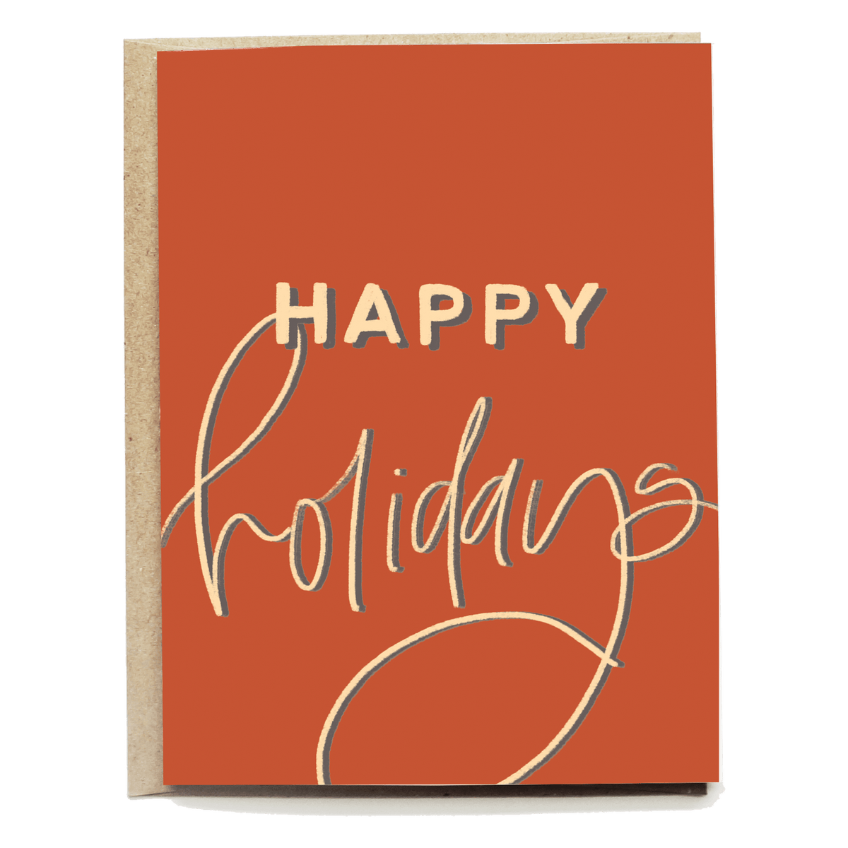 Happy Holidays card with orange background and gold cursive text on a textured kraft paper.
