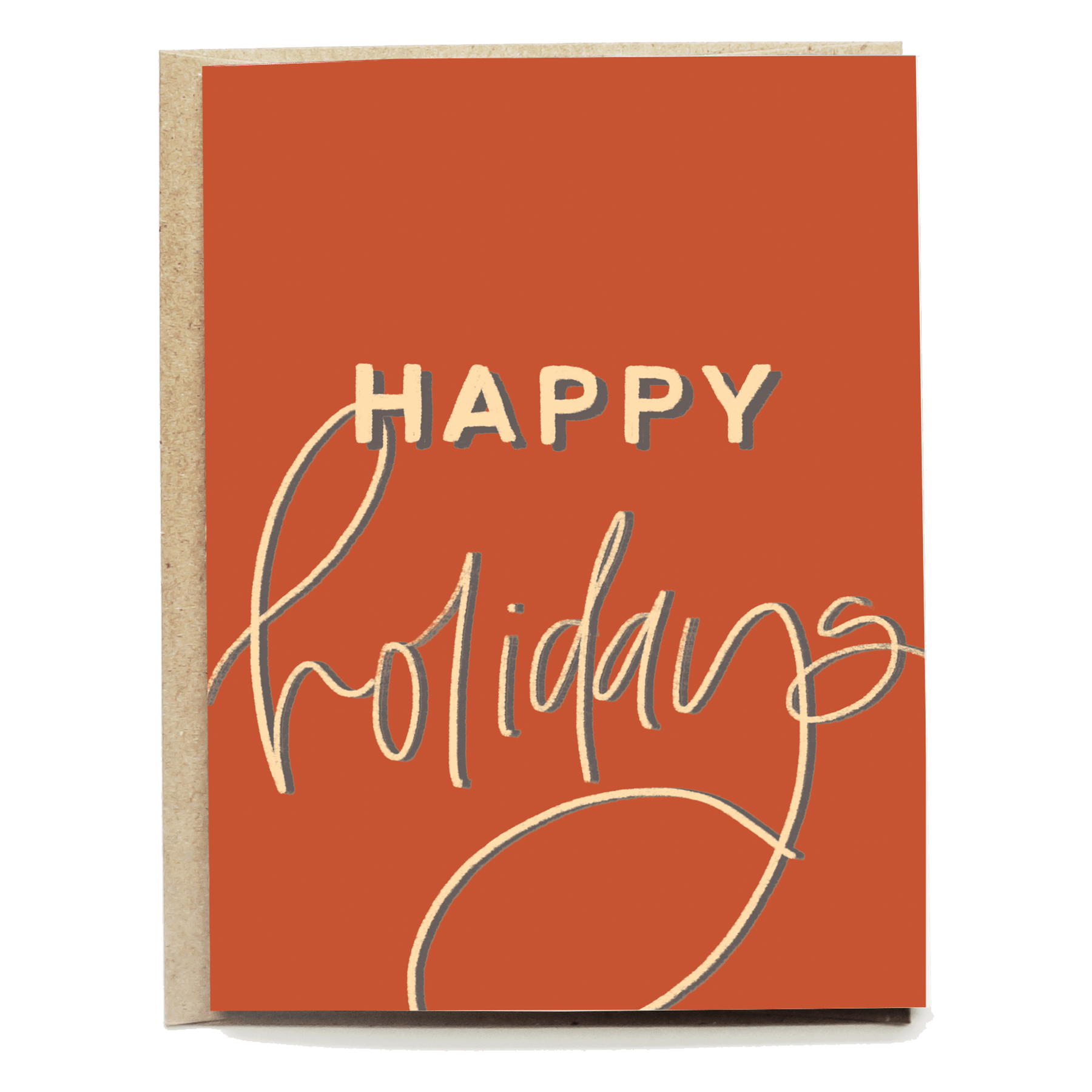 Happy Holidays card with orange background and gold cursive text on a textured kraft paper.