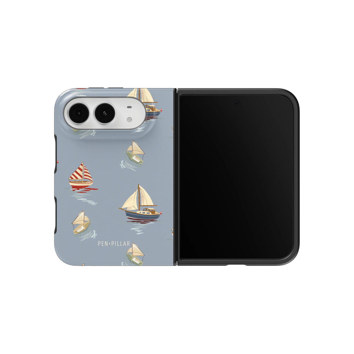 Harbor iPhone 18 Duo case on an unfolded iPhone 18 Duo, back and screen side by side: sailboats and paper boats on dusty blue