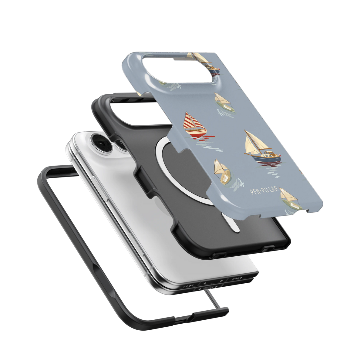 Harbor iPhone 18 Duo case, exploded view of the printed shell, black inner layer with MagSafe ring, and phone