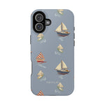 Harbor iPhone case featuring a light blue background with various sailboats and yachts in a repeating pattern.