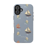 Harbor iPhone case featuring a light blue background with various sailboats and yachts in a repeating pattern.