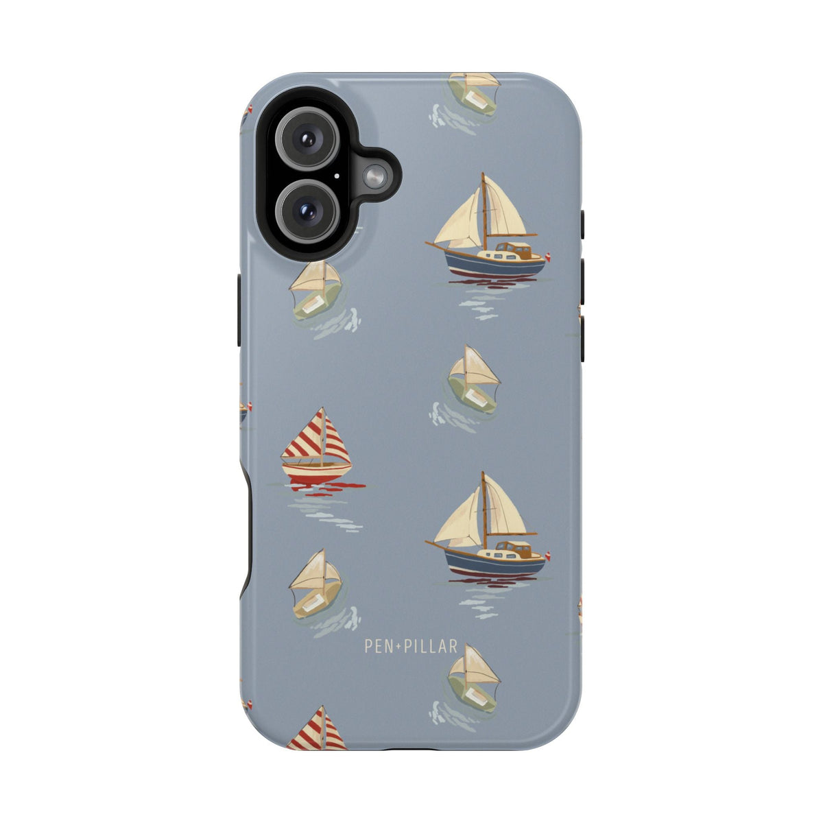 Harbor iPhone case featuring a light blue background with various sailboats and yachts in a repeating pattern.
