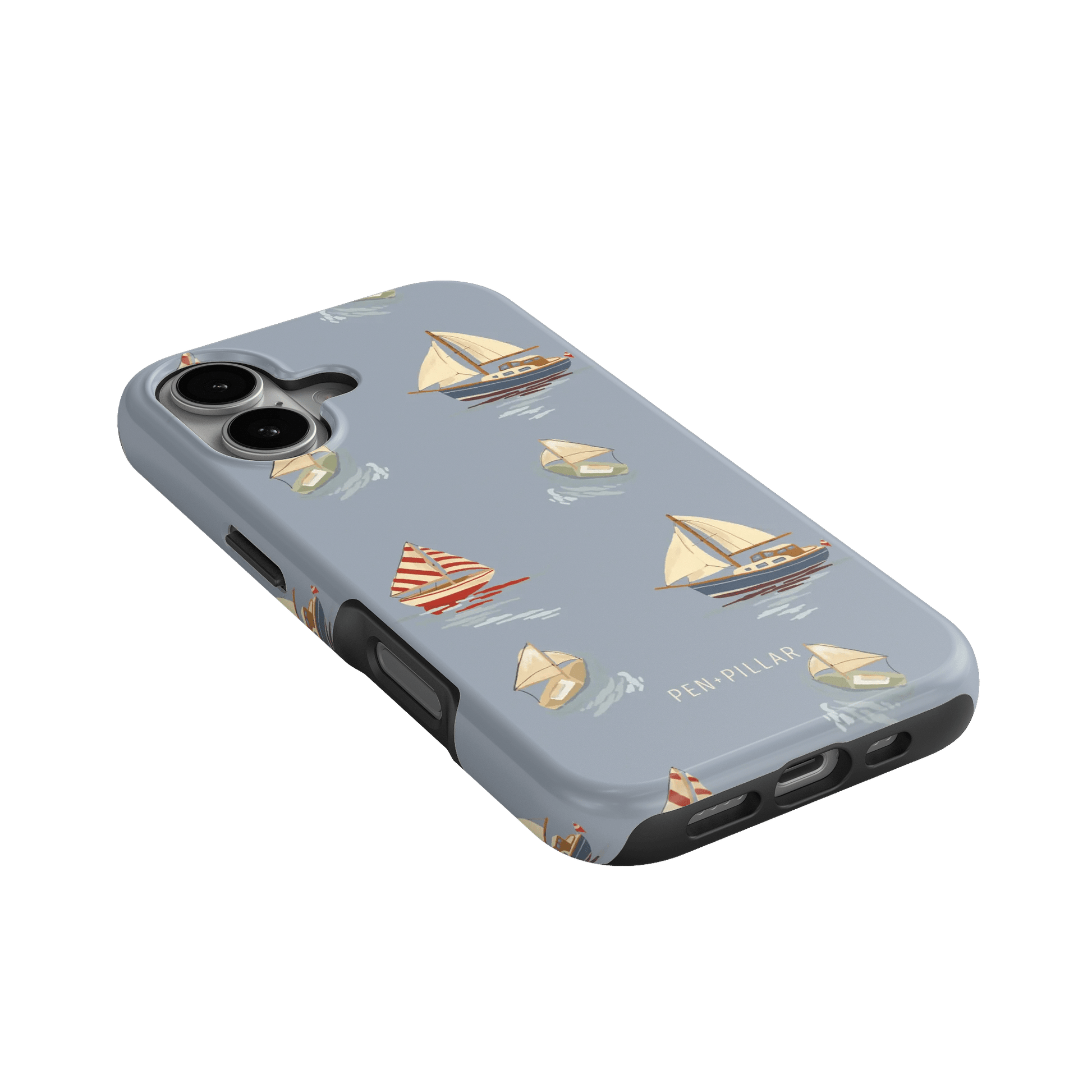 Harbor iPhone case featuring a light blue background with sailboat and nautical designs.