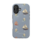 Harbor iPhone case featuring a blue background with various sailboats and yachts in a playful pattern.