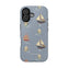 Harbor iPhone case featuring a blue background with various sailboats and yachts in a playful pattern.