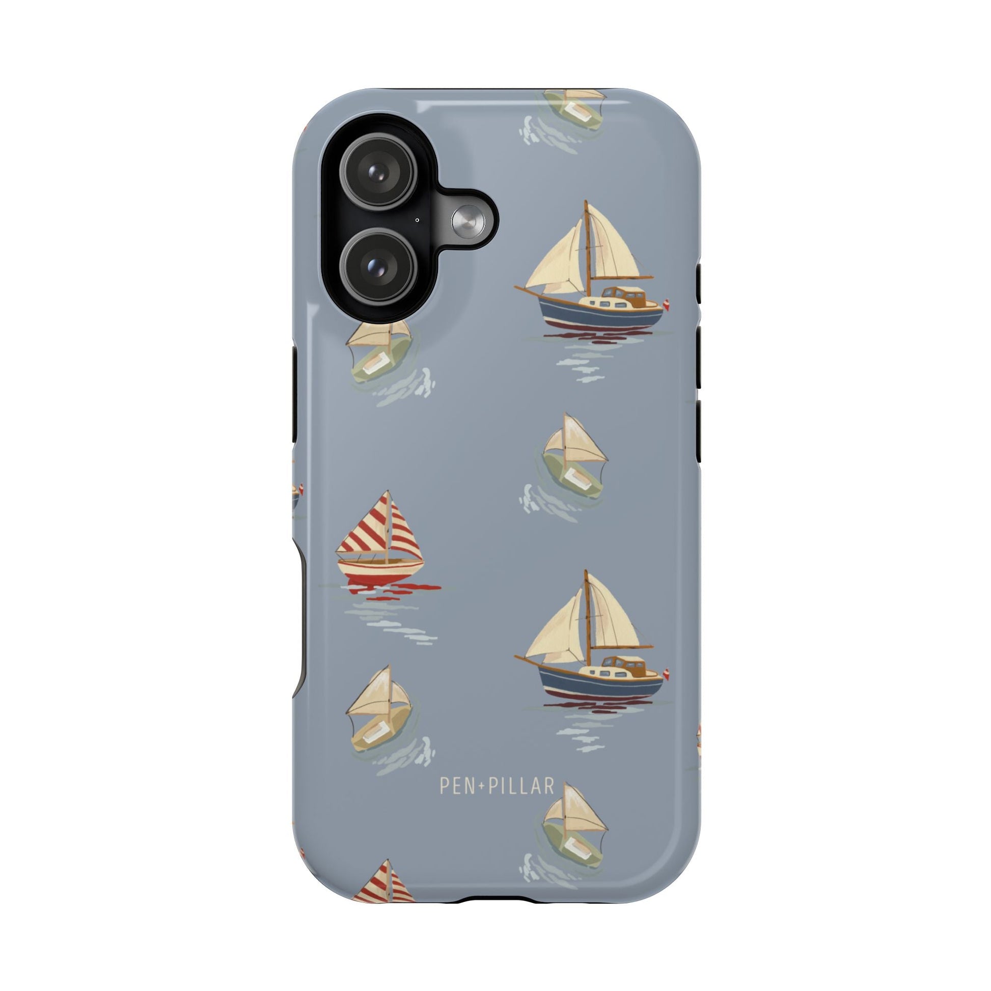 Harbor iPhone case featuring a blue background with various sailboats and yachts in a playful pattern.