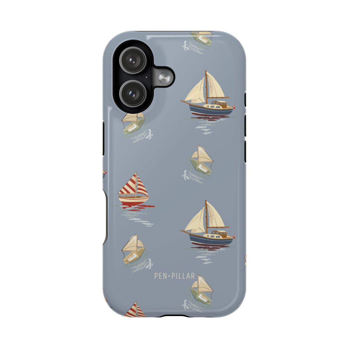 Harbor iPhone case featuring a blue background with various sailboats and yachts in a playful pattern.