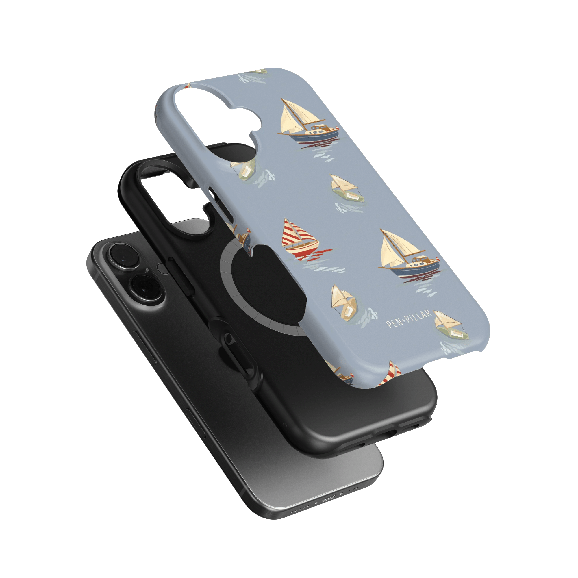 Harbor iPhone case featuring a light blue background with sailboat designs and a black phone case underneath.