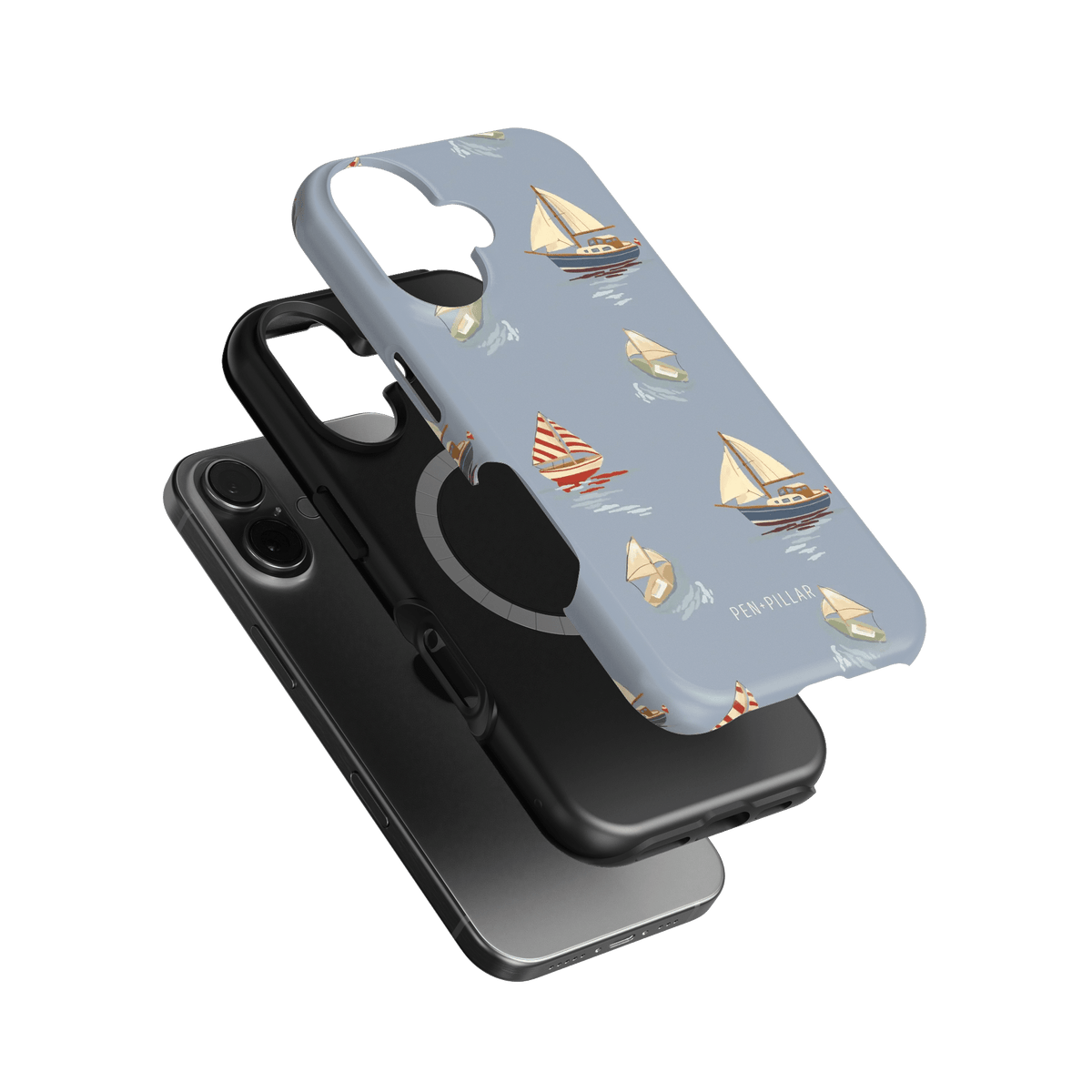 Harbor iPhone case featuring a light blue background with sailboat designs and a black phone case underneath.