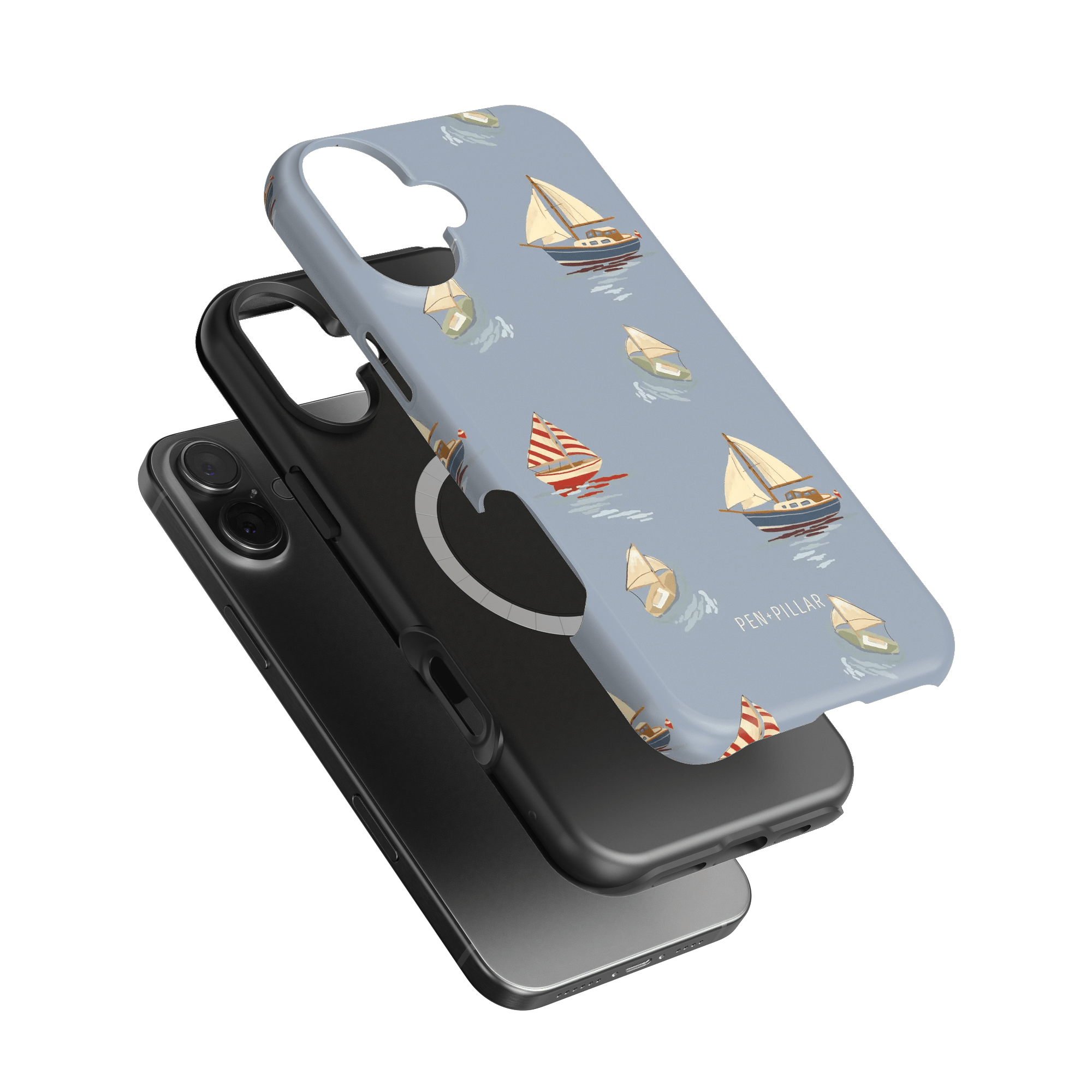 Harbor iPhone case featuring a light blue background with sailboat designs and a black phone case underneath.