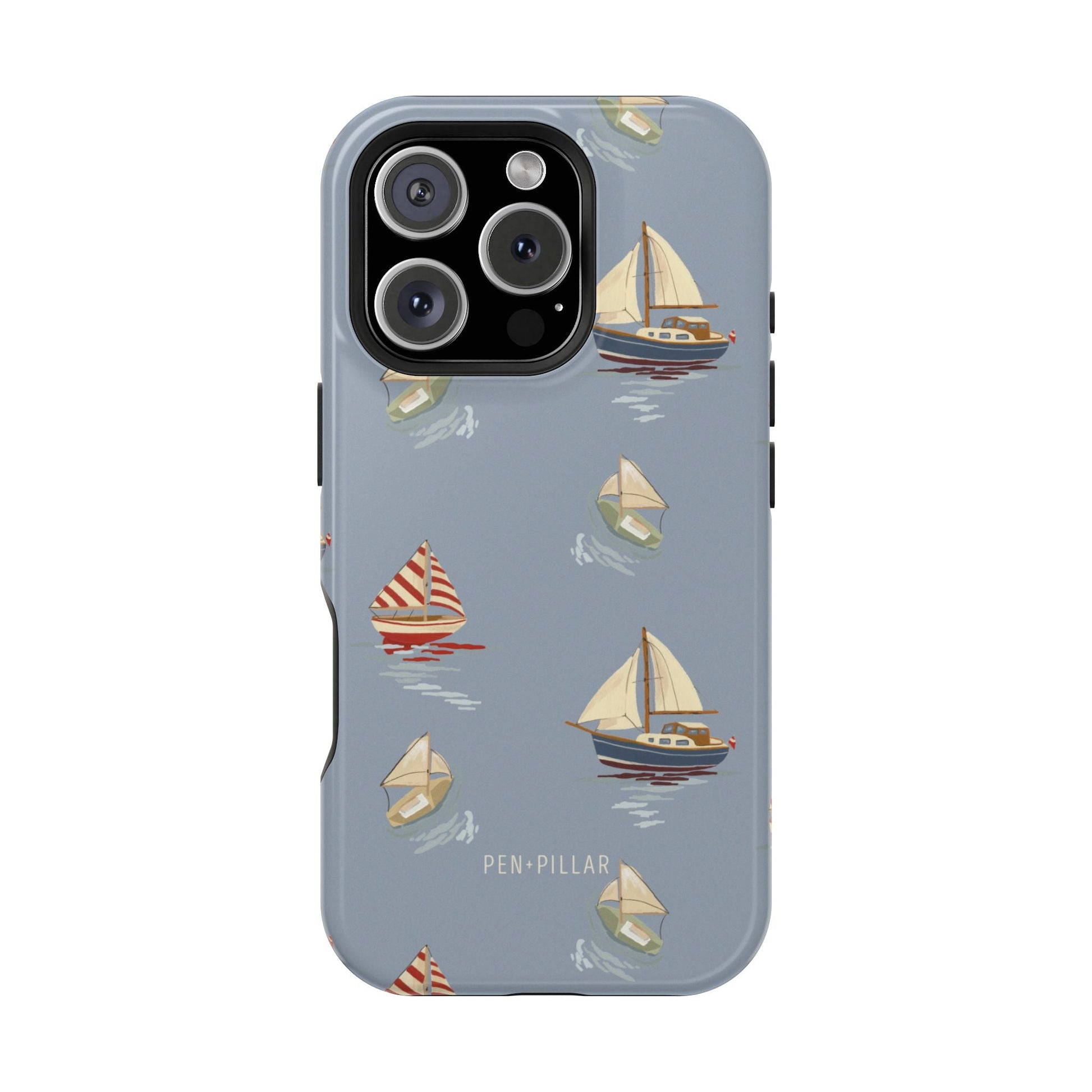 Harbor iPhone case featuring a light blue background with colorful sailboat patterns.