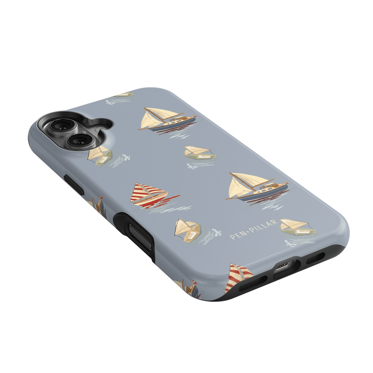 Harbor iPhone case featuring a light blue background with sailboat and nautical patterns.