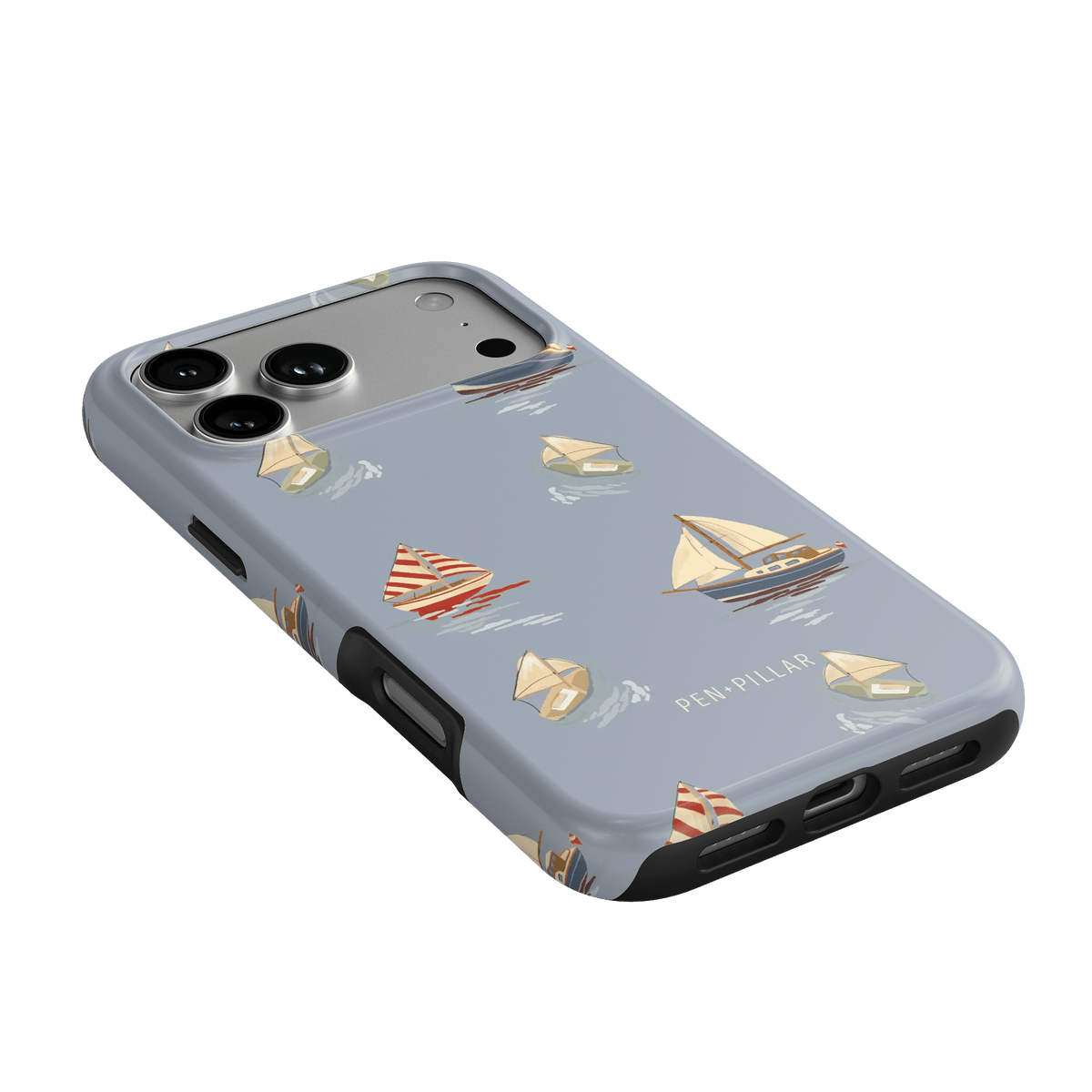 Harbor iPhone case featuring a light blue background with sailboat designs in various colors and styles.