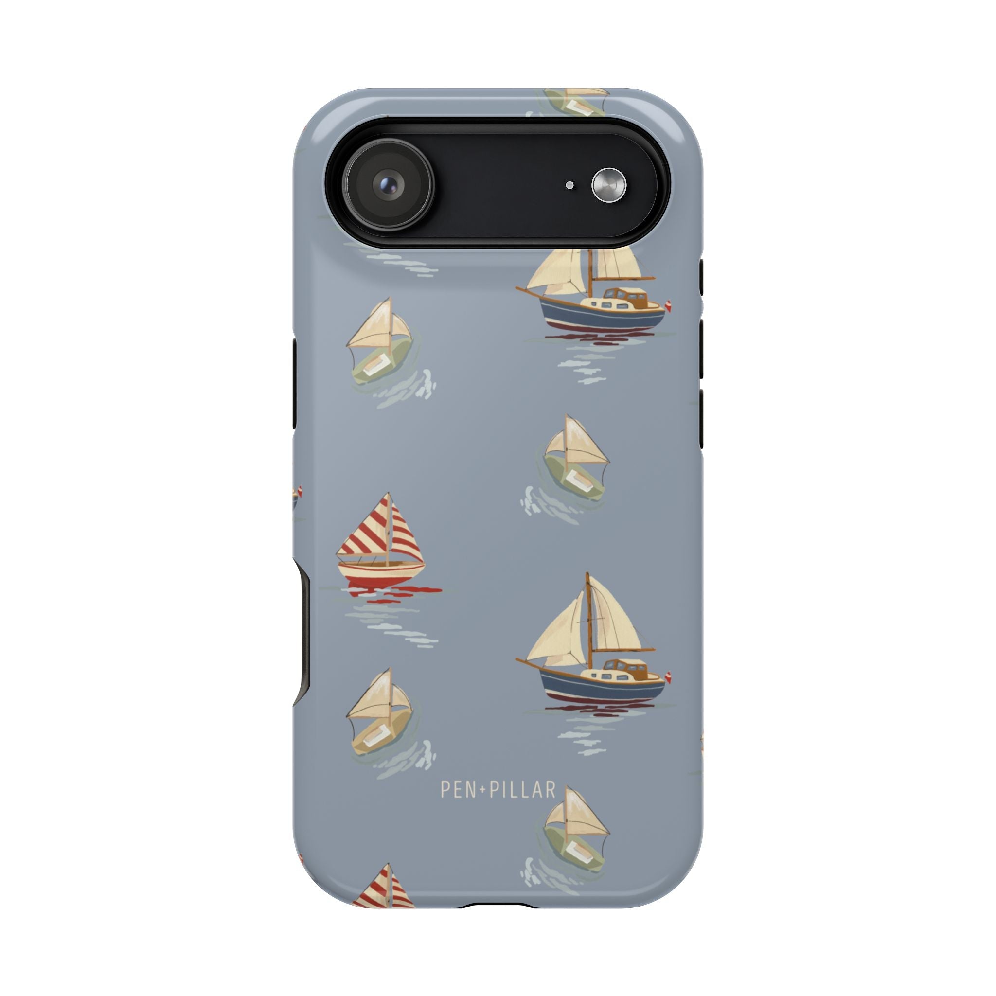 Harbor iPhone case with a light blue background featuring sailboats and yachts in various colors and styles.