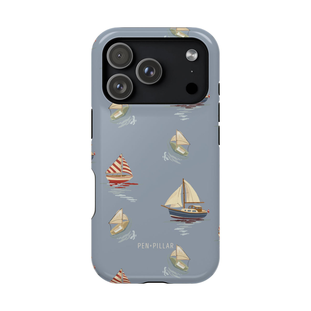 Harbor iPhone case featuring a blue background with various sailboat designs in red, white, and cream colors.