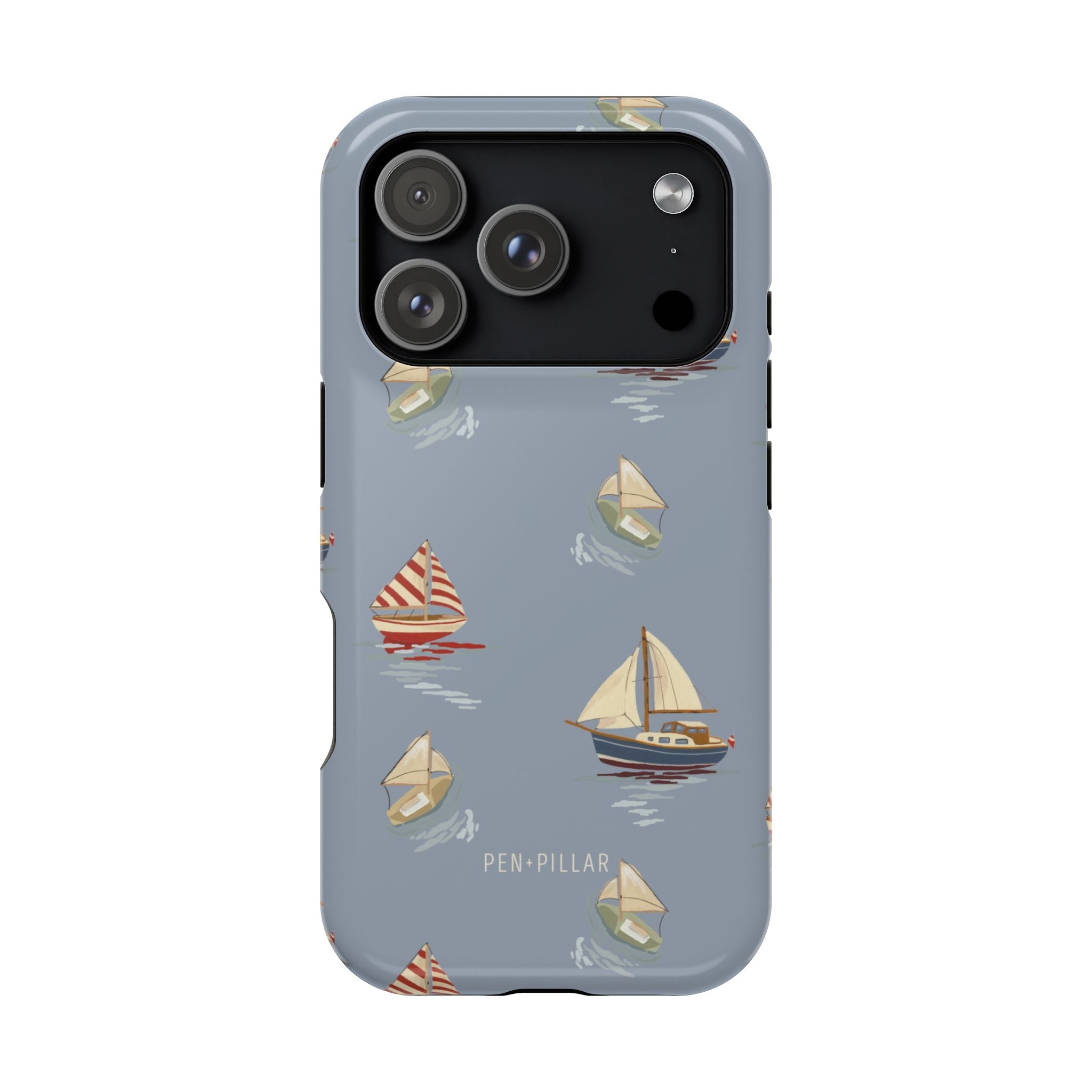 Harbor iPhone case featuring a blue background with various sailboat designs in red, white, and cream colors.