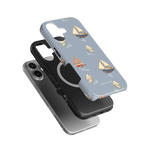 Harbor iPhone case featuring a light blue background with sailboat designs and a black protective layer.