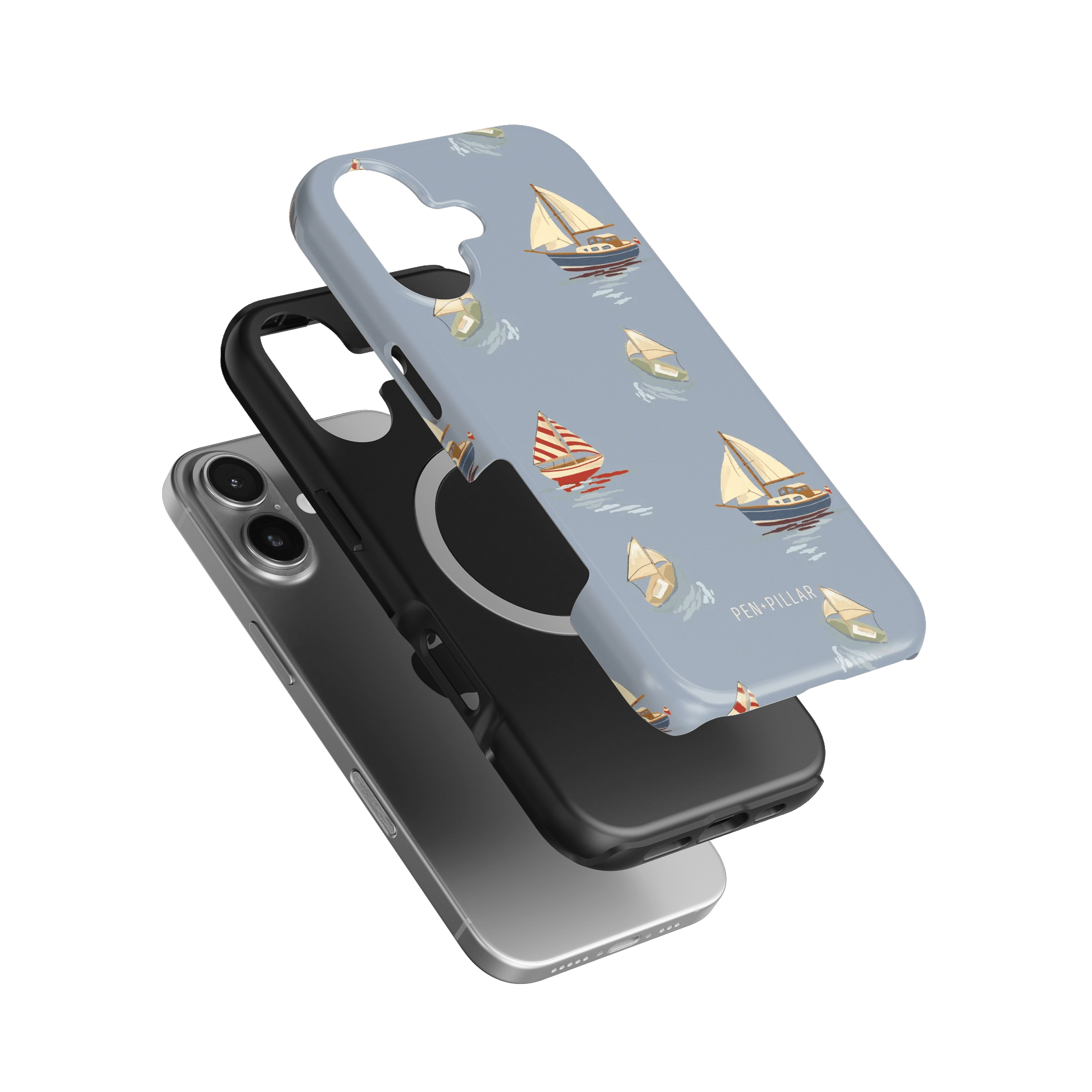 Harbor iPhone case featuring a light blue background with sailboat designs and a black protective layer.