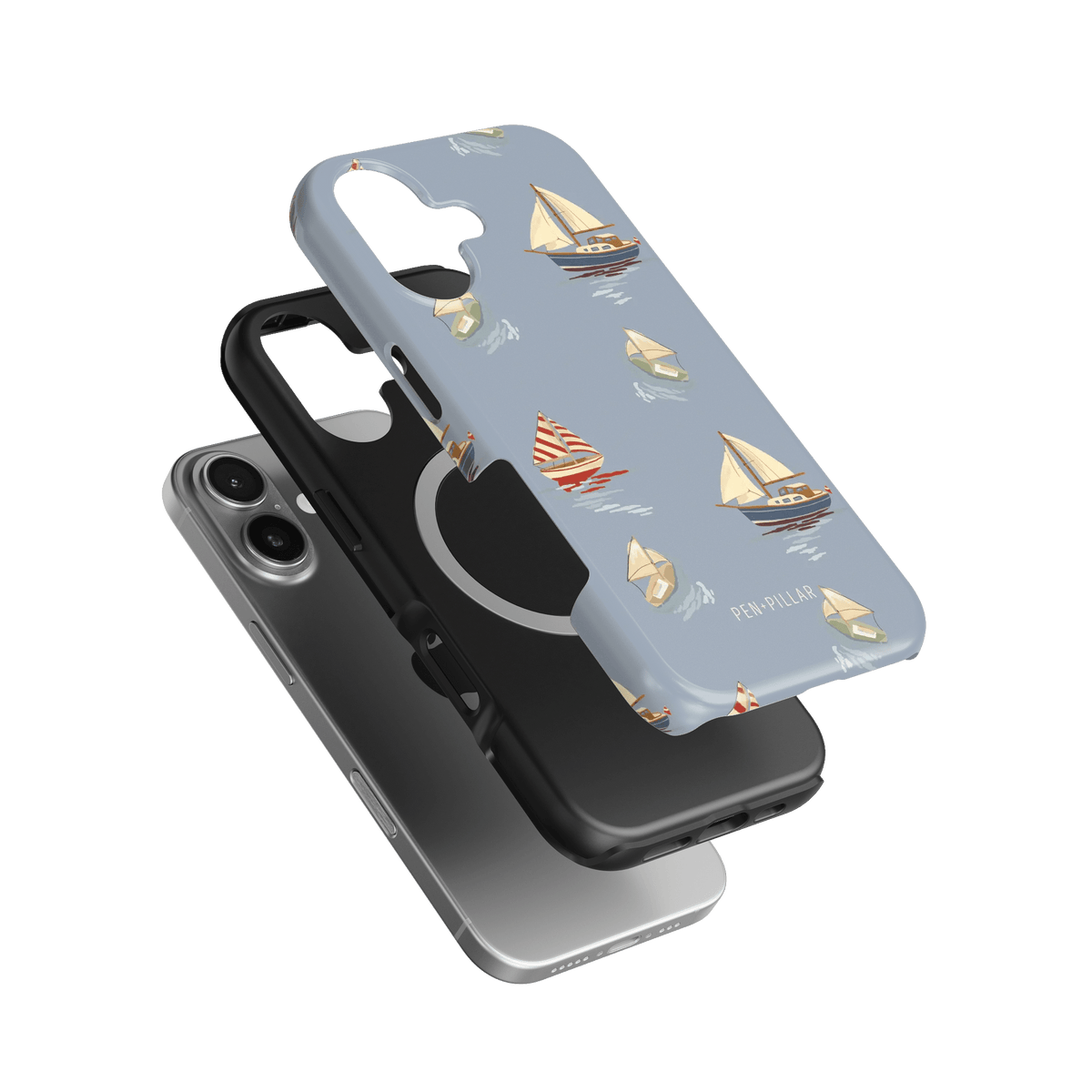 Harbor iPhone case featuring a light blue background with sailboat designs and a black protective layer.