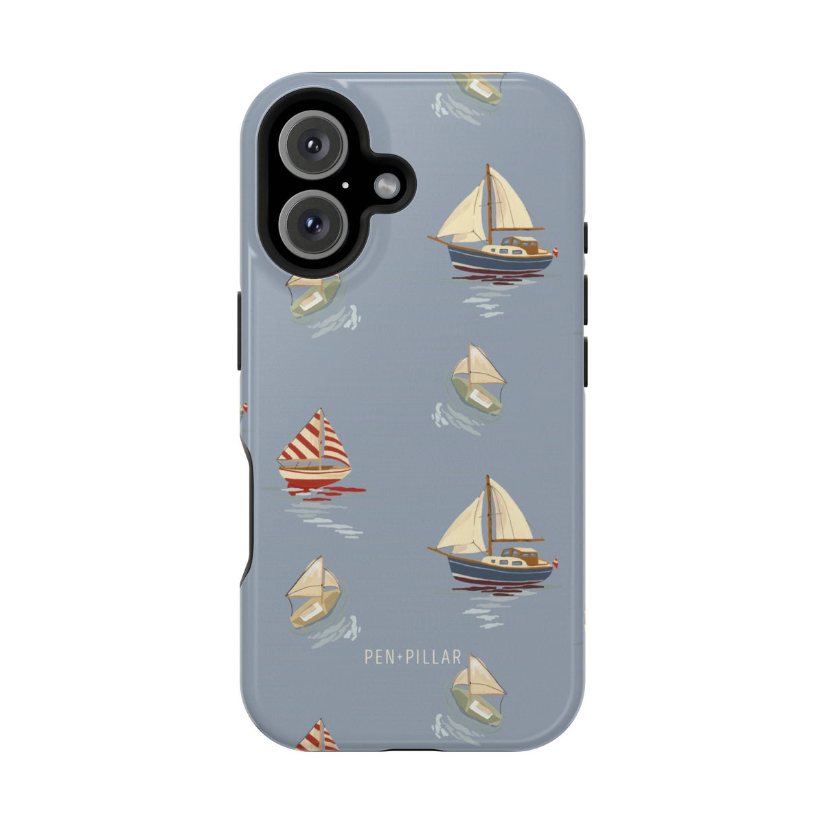 Harbor iPhone case featuring a light blue background with various sailboats and yachts in a repeating pattern.