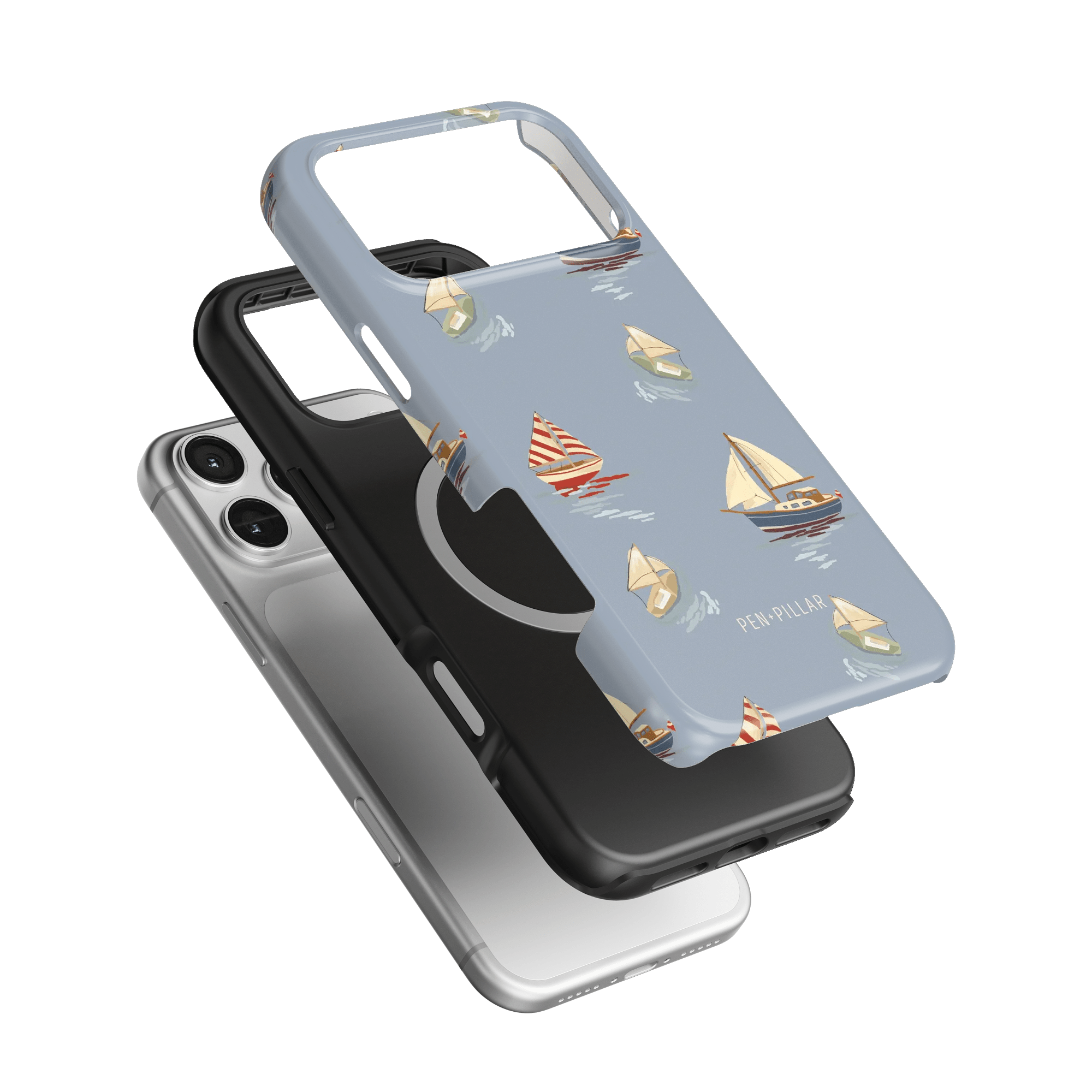 Harbor iPhone case featuring a light blue design with sailboats, layered over black and silver cases.