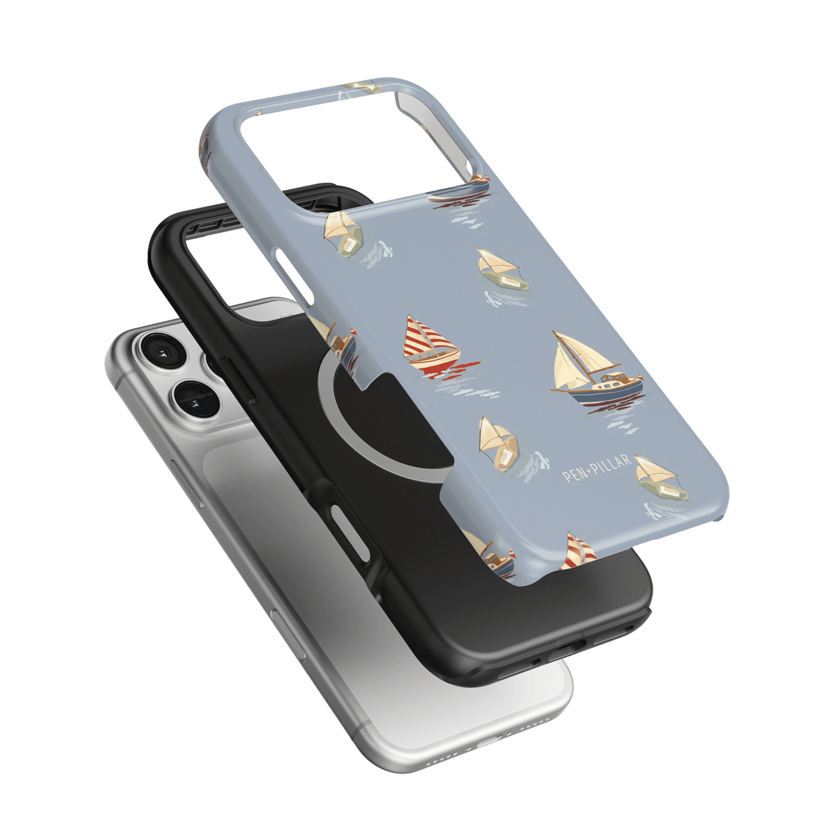 Harbor iPhone case featuring a light blue design with sailboats, layered over black and silver cases.