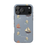Harbor iPhone case featuring a light blue background with colorful sailboat designs.