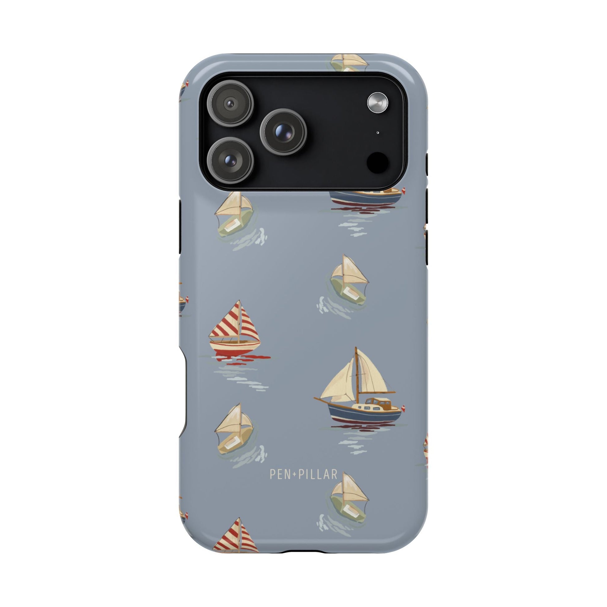 Harbor iPhone case featuring a light blue background with colorful sailboat designs.