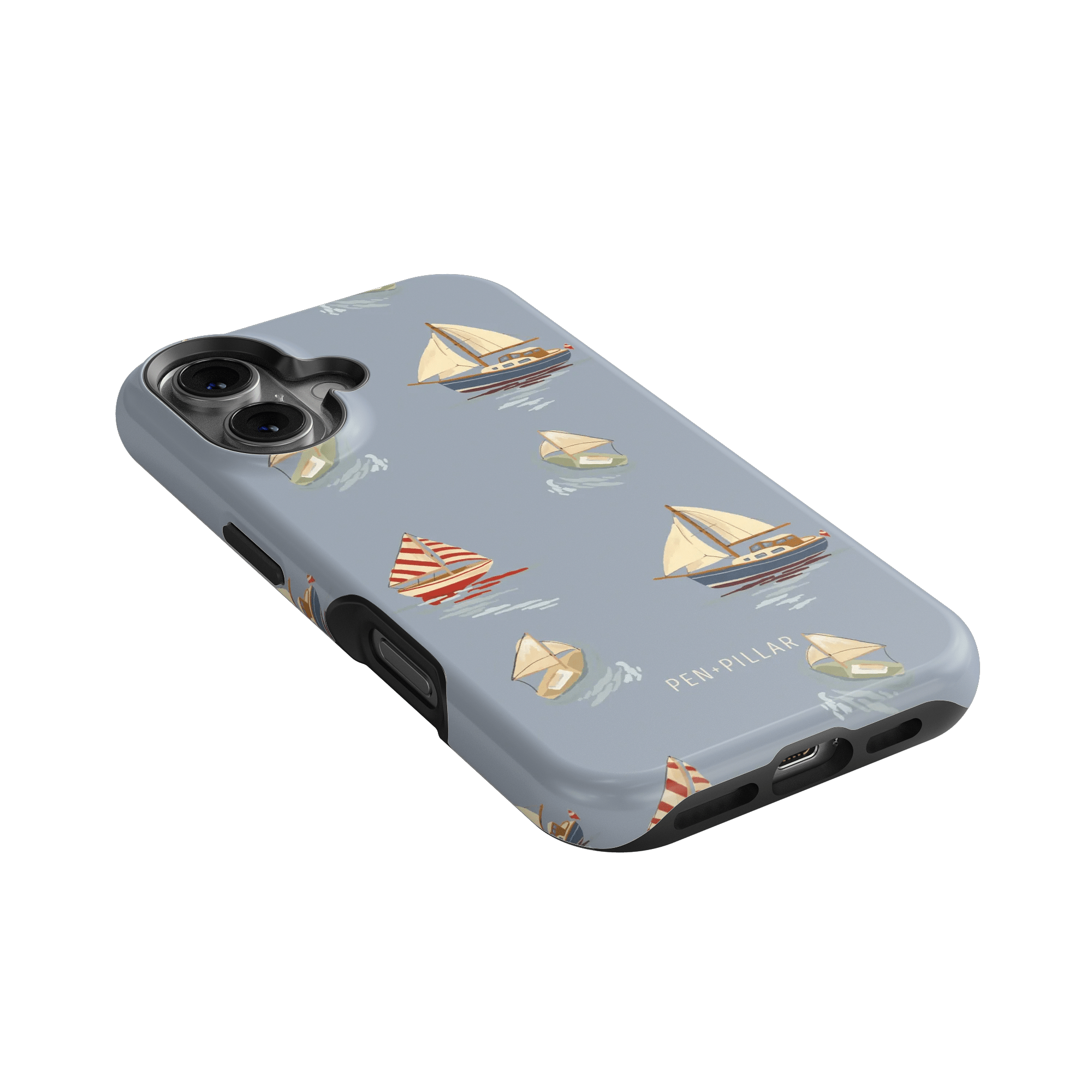Harbor iPhone case featuring a light blue background with sailboat patterns in various colors and styles.