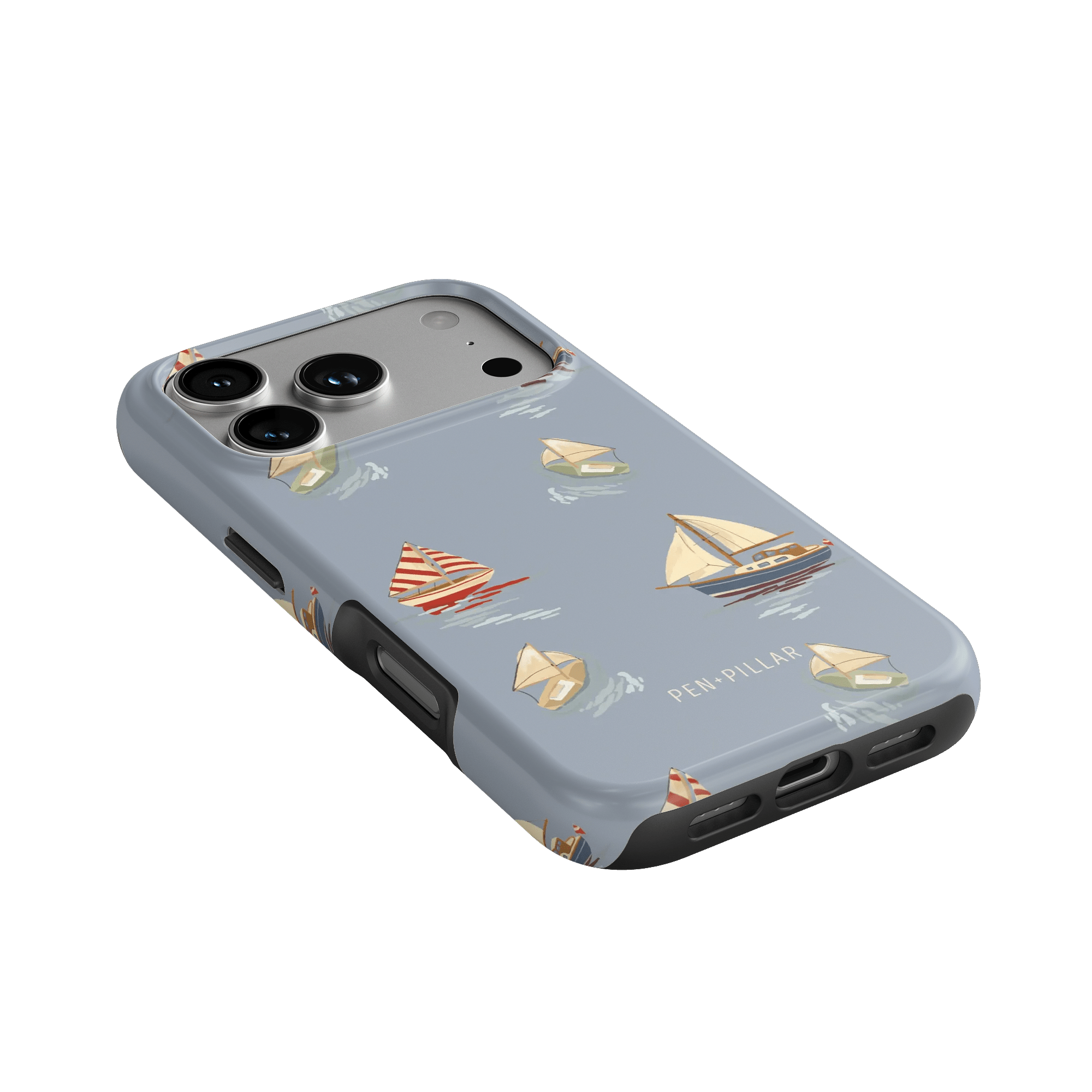 Harbor iPhone case featuring a light blue background with sailboats and yachts in various colors and styles.