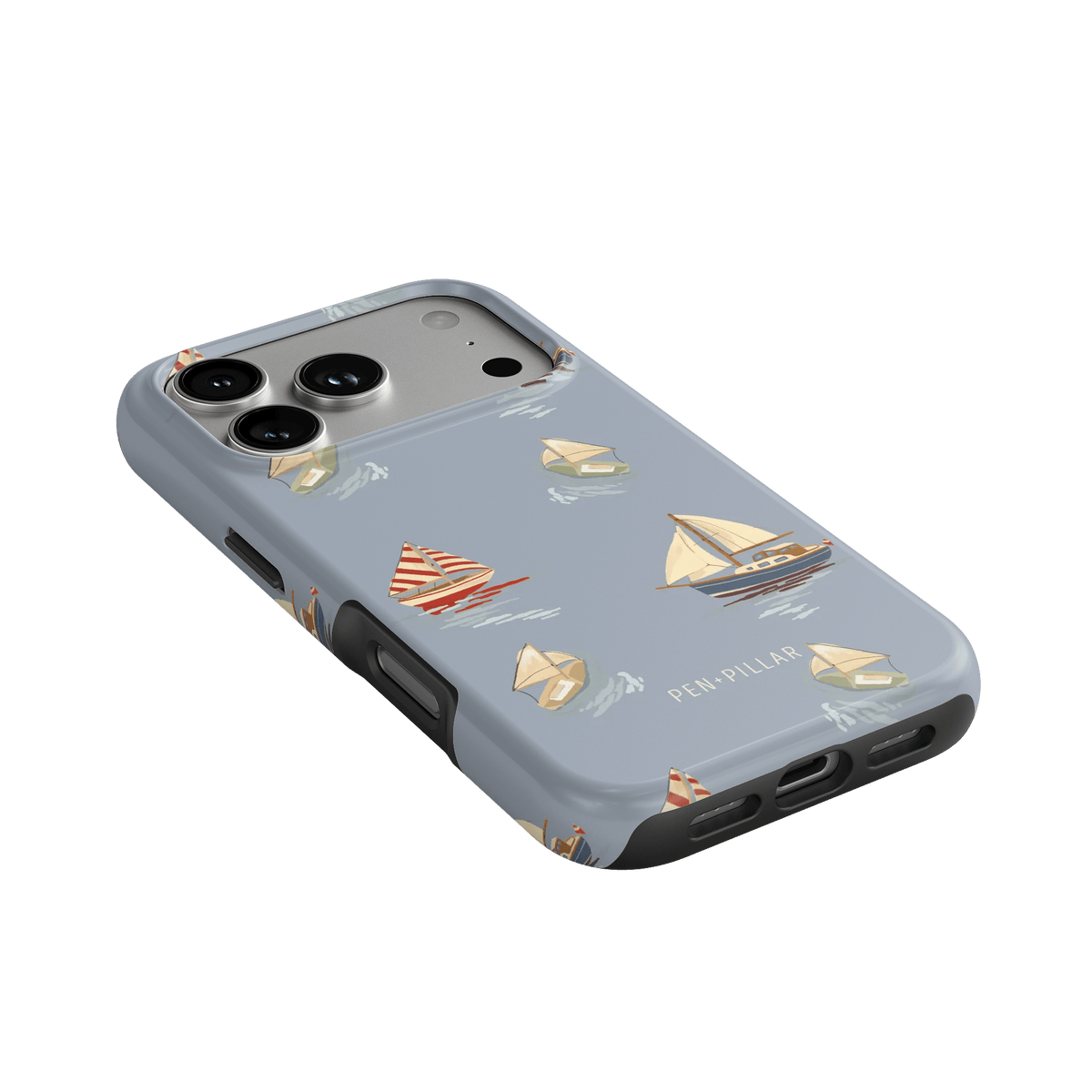 Harbor iPhone case featuring a light blue background with sailboats and yachts in various colors and styles.