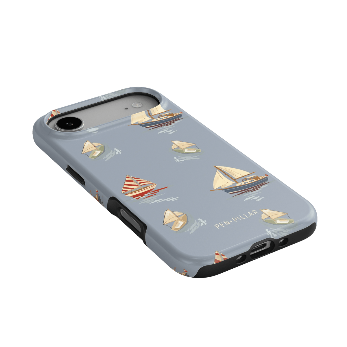 Harbor iPhone case featuring a light blue background with sailboat patterns in various colors and styles.