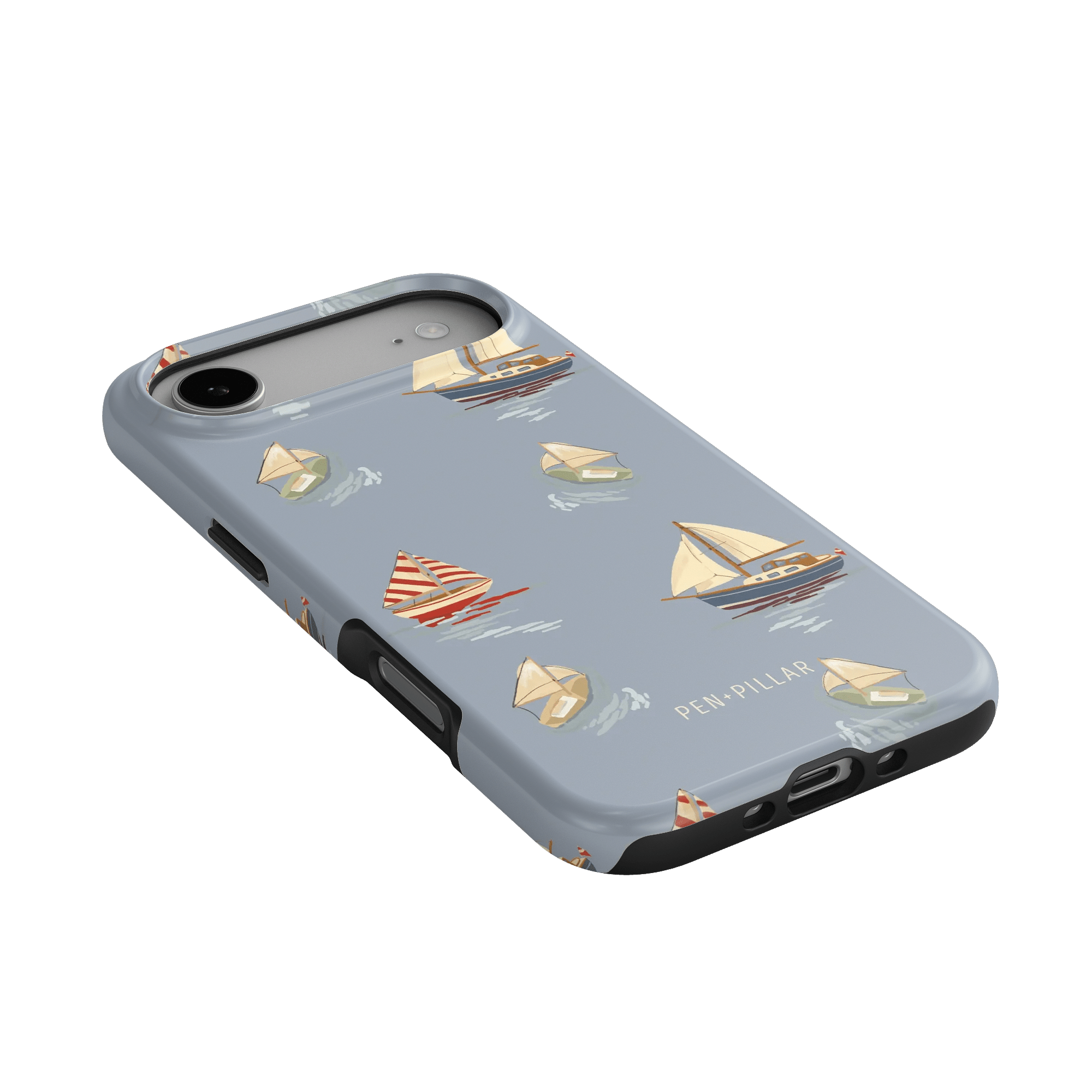 Harbor iPhone case featuring a light blue background with sailboat patterns in various colors and styles.