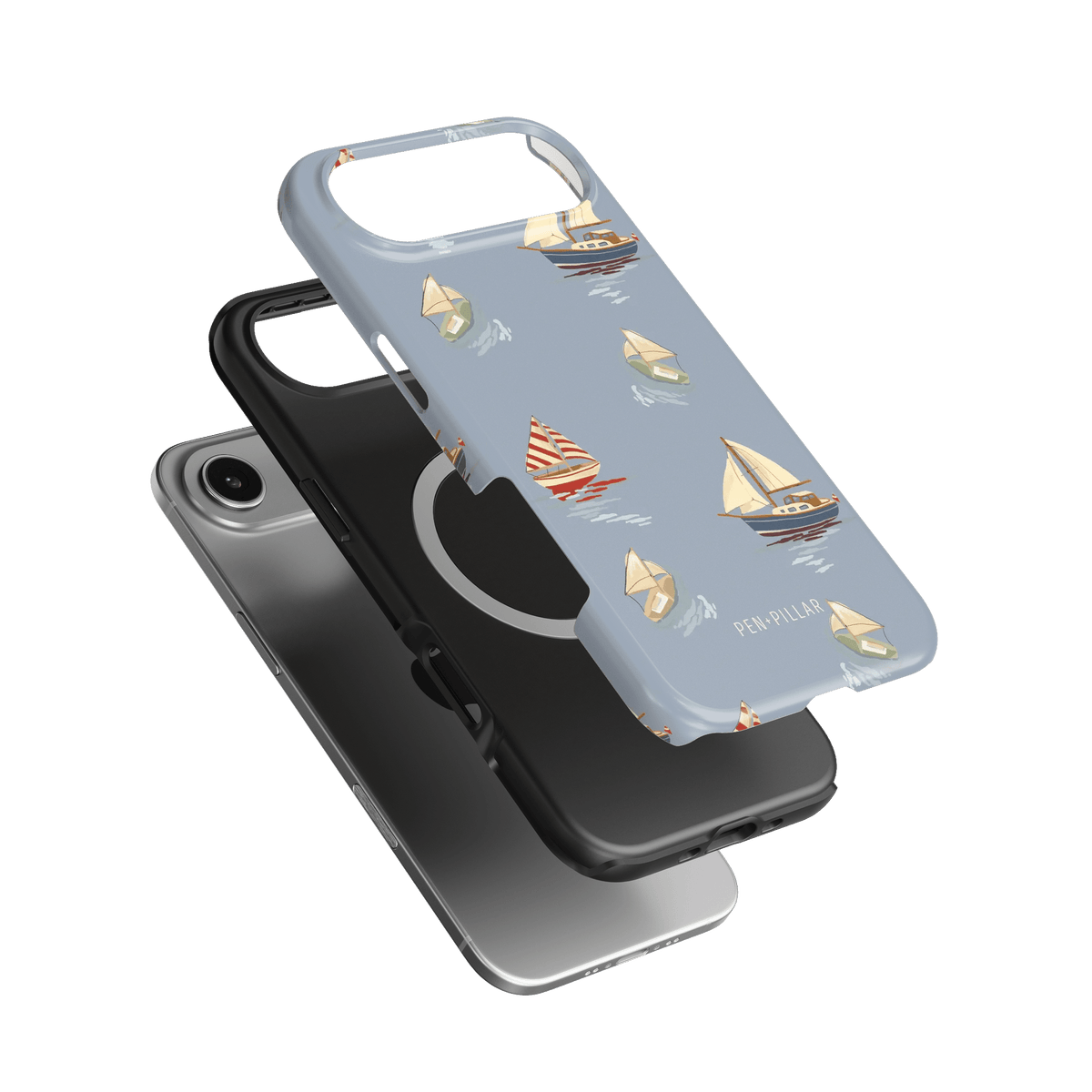 Harbor iPhone case featuring a light blue background with sailboat designs and a black and silver phone case underneath.