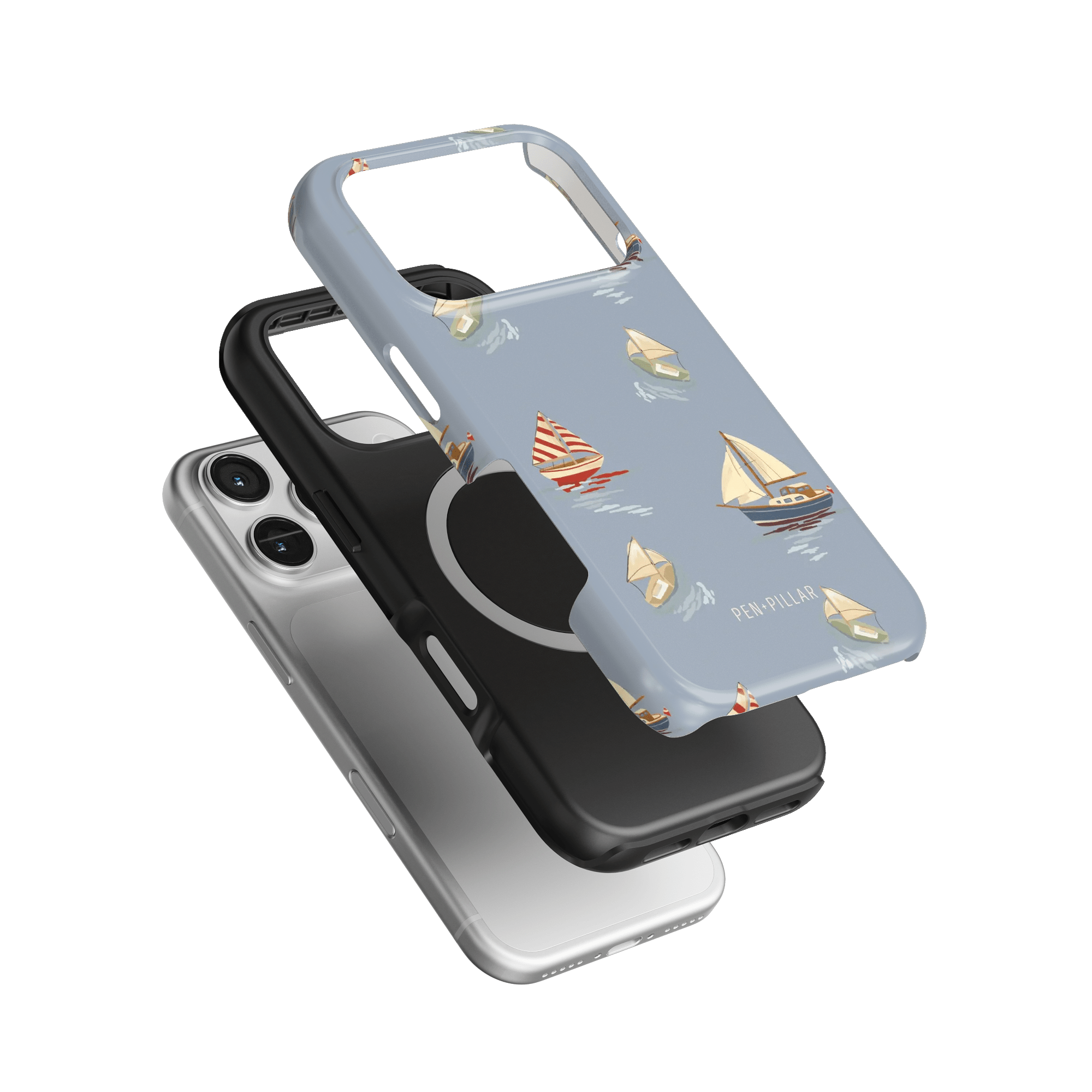 Harbor iPhone case featuring a light blue design with sailboats, layered over black and clear cases.