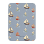 Harbor Kindle case featuring a nautical design with various sailboats on a light blue background.
