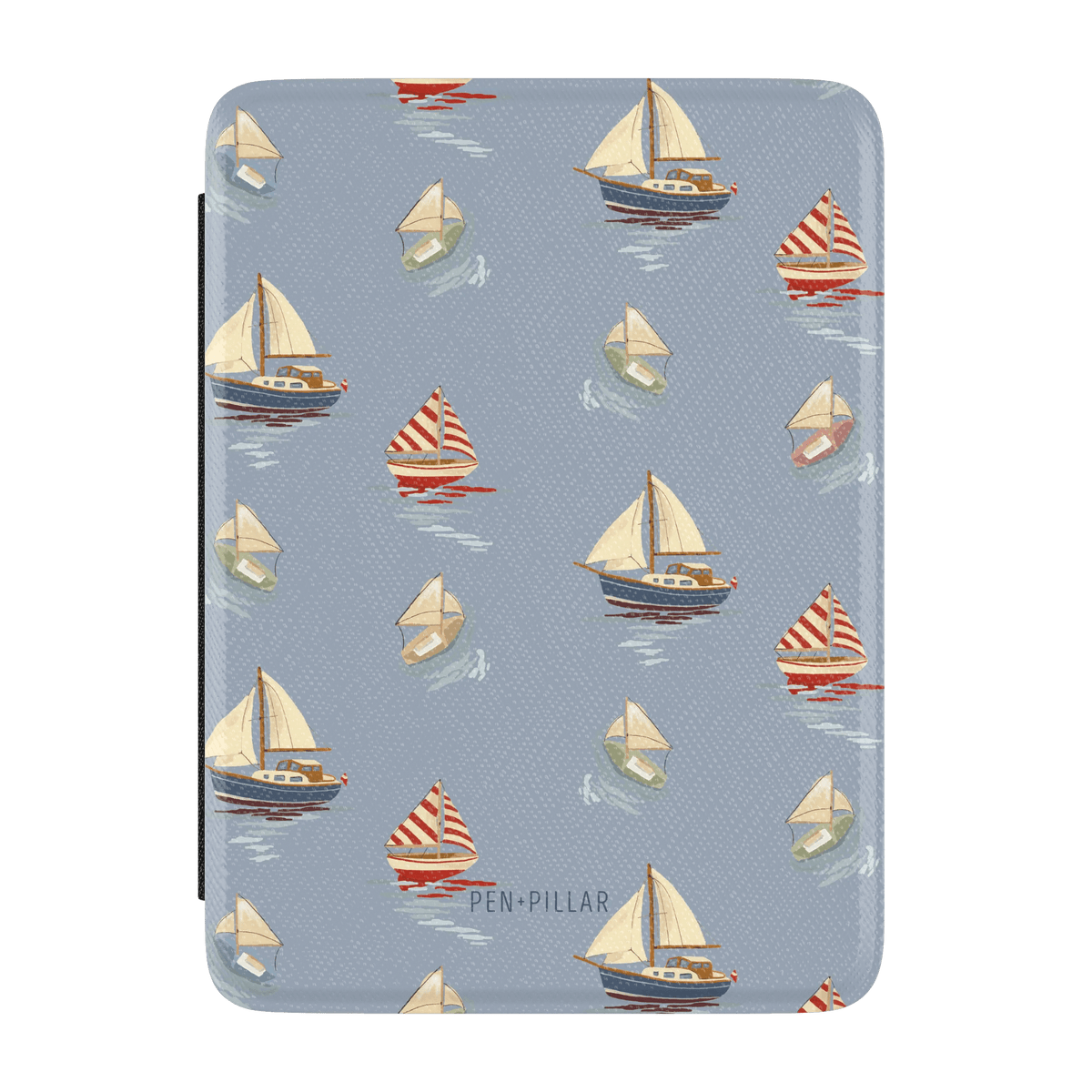 Harbor Kindle case featuring a nautical design with various sailboats on a light blue background.