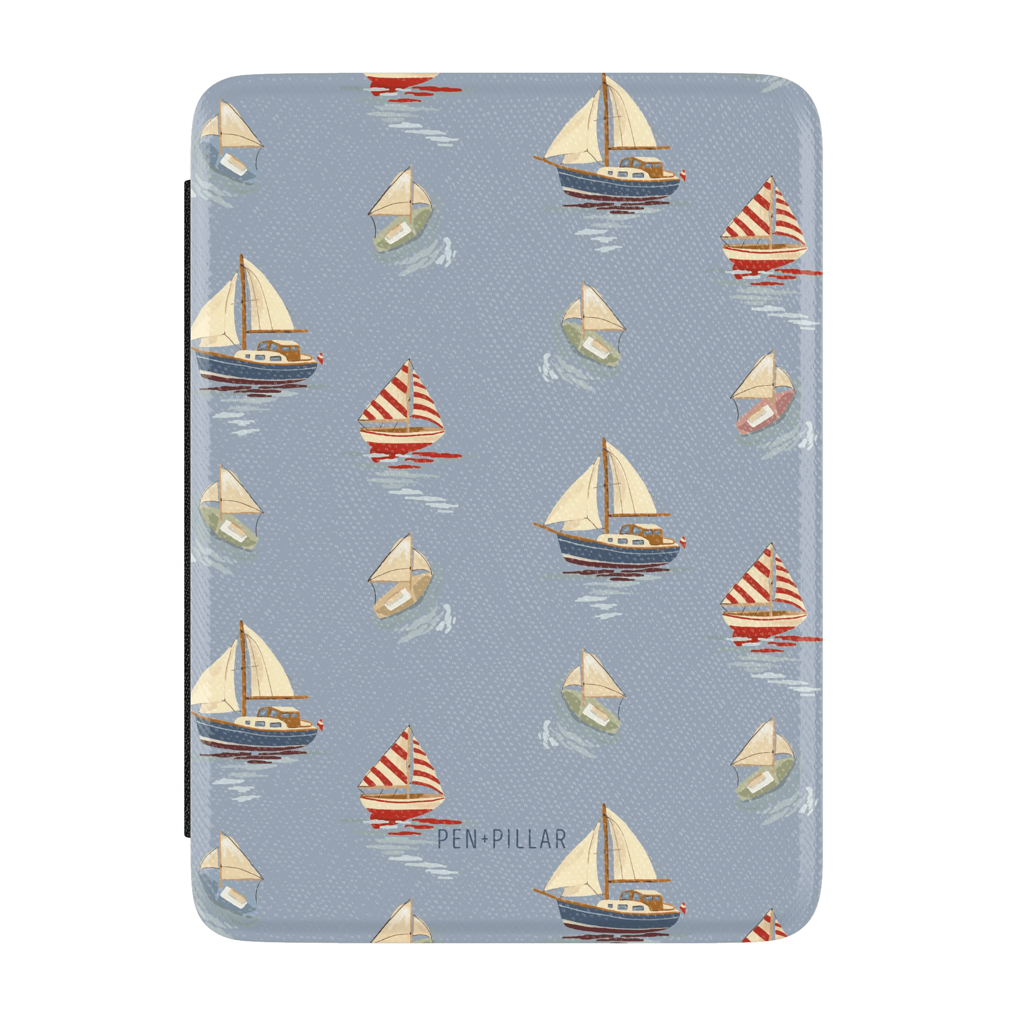 Harbor Kindle case featuring a nautical design with various sailboats on a light blue background.