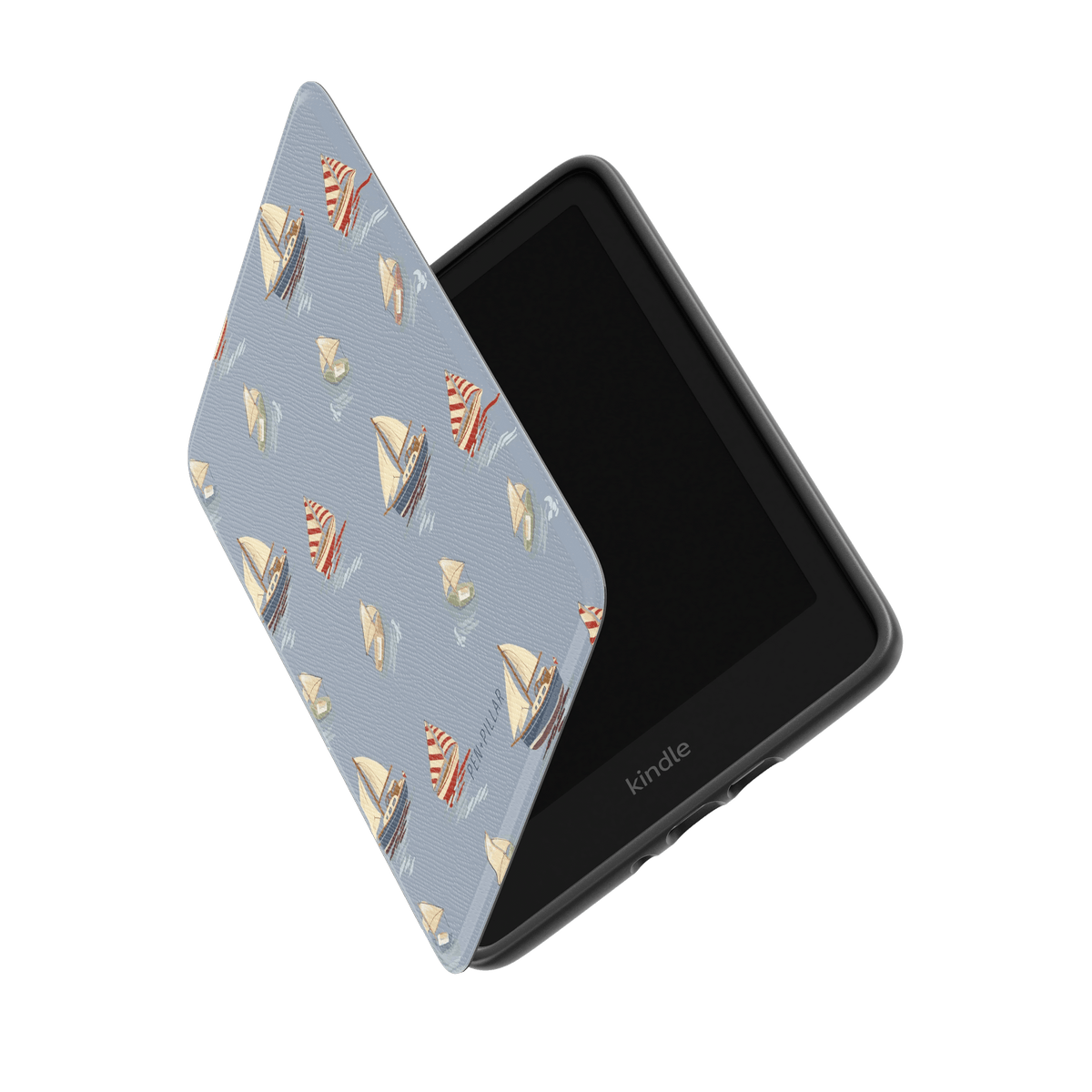 Harbor Kindle case featuring a light blue design with sailboat patterns, partially open to show the device inside.