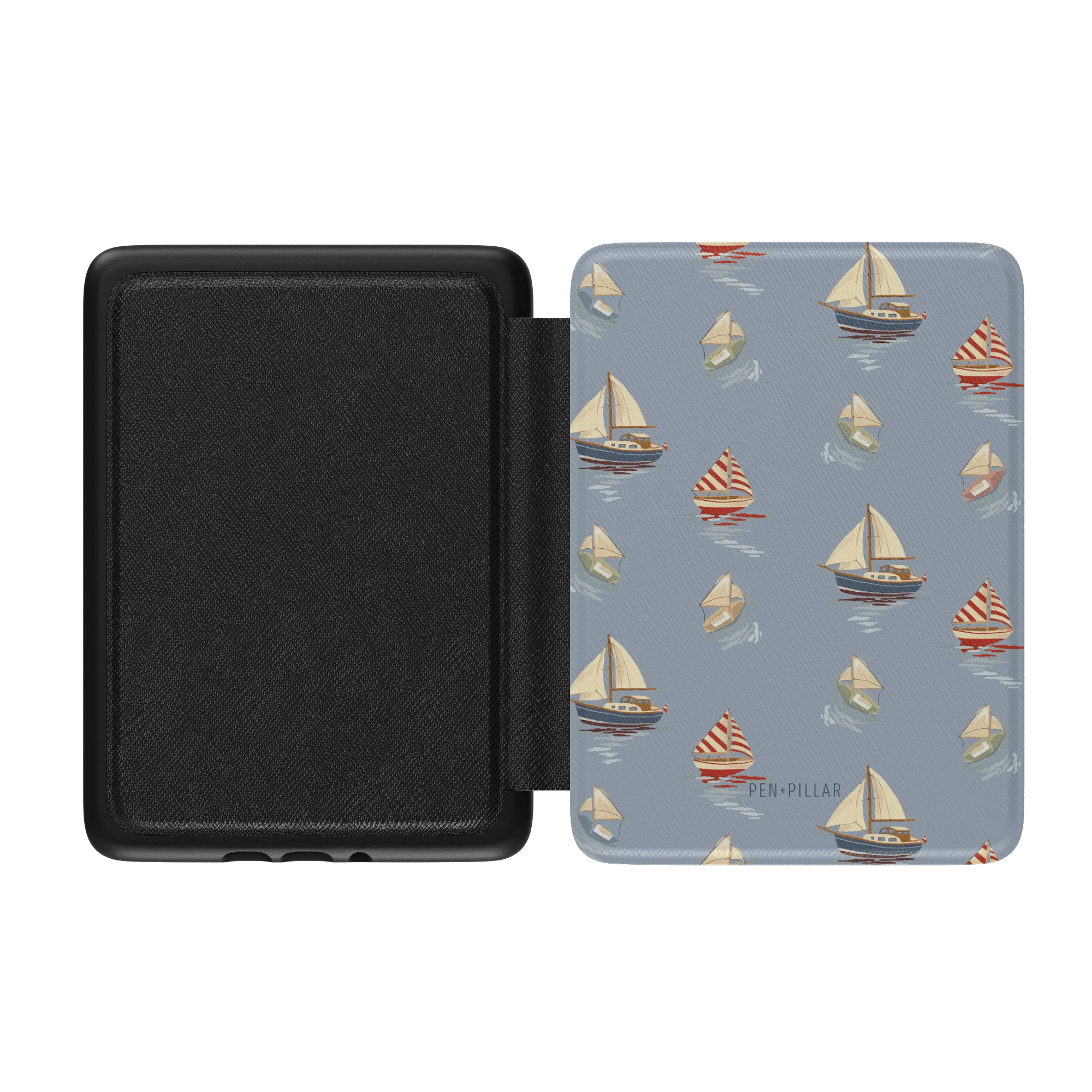 Harbor Kindle case featuring a blue background with sailboat patterns in red and cream colors, open view showing interior.