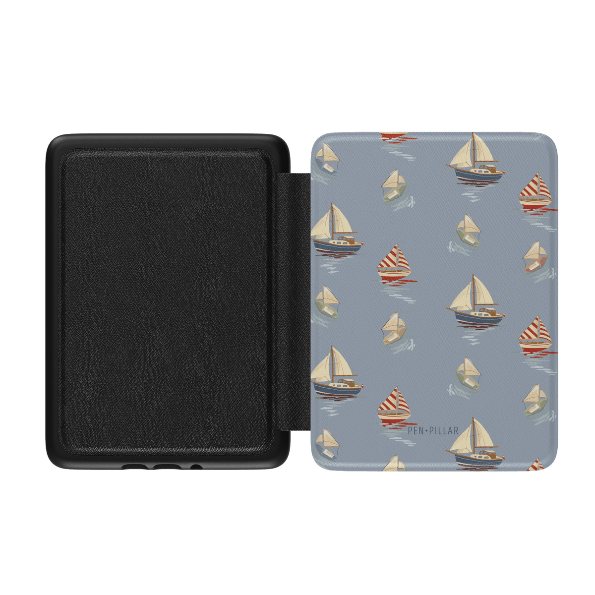 Harbor Kindle case featuring a blue background with sailboat patterns in red and cream colors, open view showing interior.