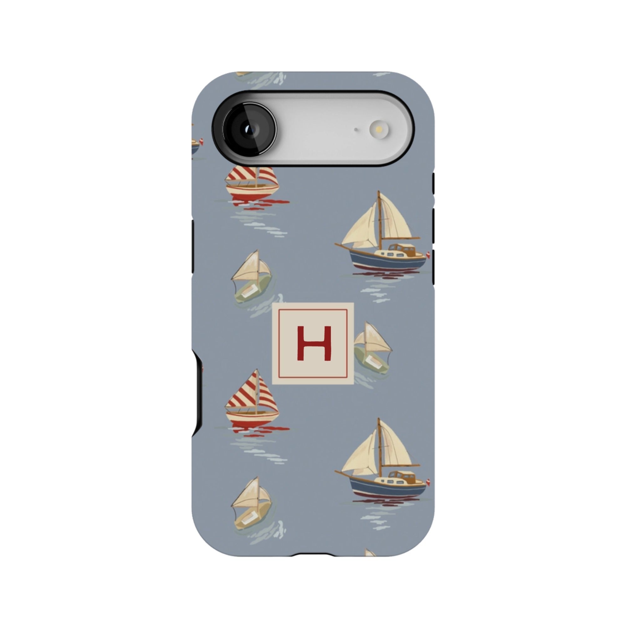 Harbor personalized iPhone case featuring a blue background with various sailboats and a central monogrammed 'H'.